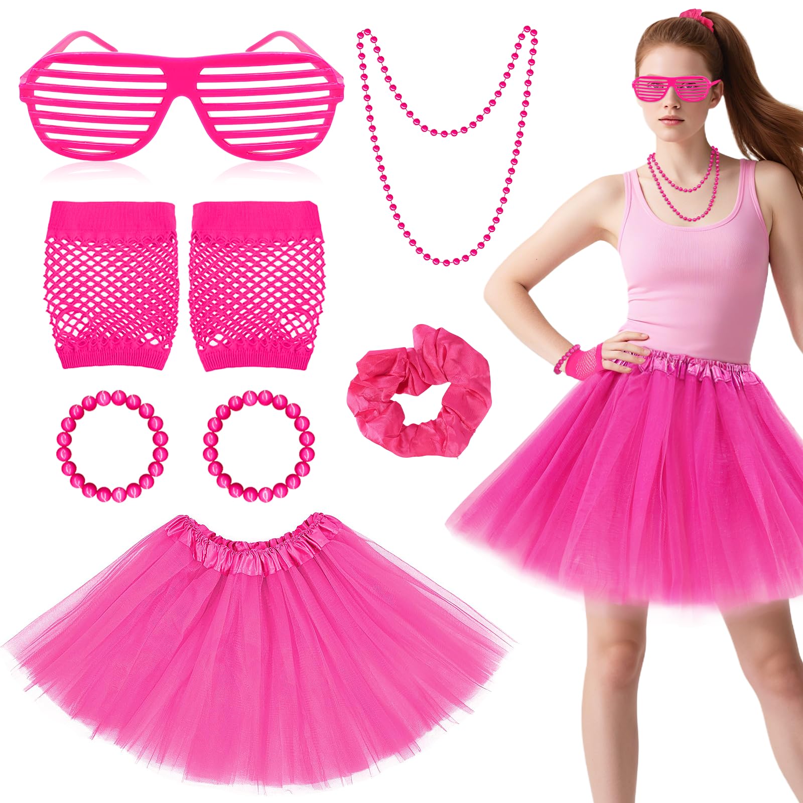 80s Fancy Dress Costumes Accessories for Women,8PCS Retro 1980S Party Outfit Accessories With Tutu Skirt,Neon Glasses,Fishnet Gloves,Headband,Girls 80S Outfit Kit for 1980s Retro Themed Party