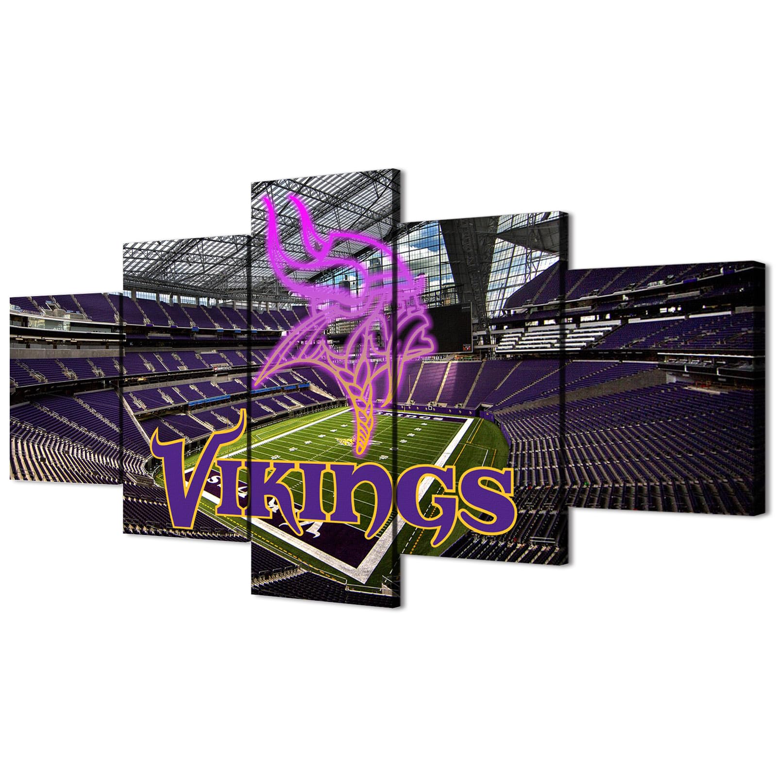 (100X175CM/5PCS) Framed Canvas Print Original Poster - Minnesota U.S. Bank Stadium With Vikings Neon Sign - American football Wall Art for Home and Office Decor