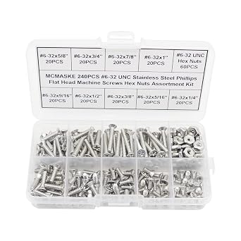 240PCS #6-32 UNC 304 SS Phillips Flat Head Machine Screws Nuts Kit