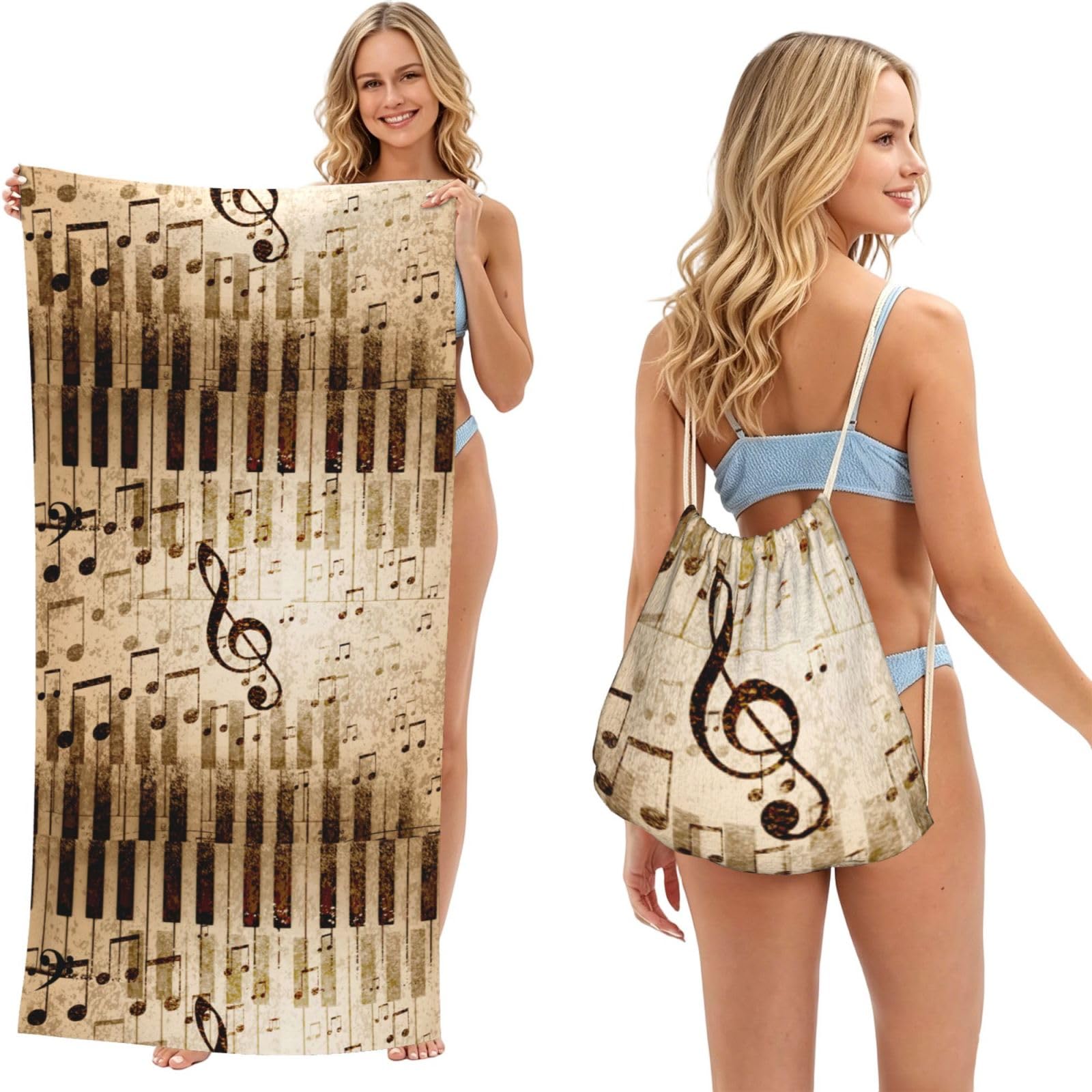 Poadnly As Picture Music Notes Piano, 2 In 1 Packable Towel Bag, Beach Towels With Drawstring Backpack For Travel Holiday Camping