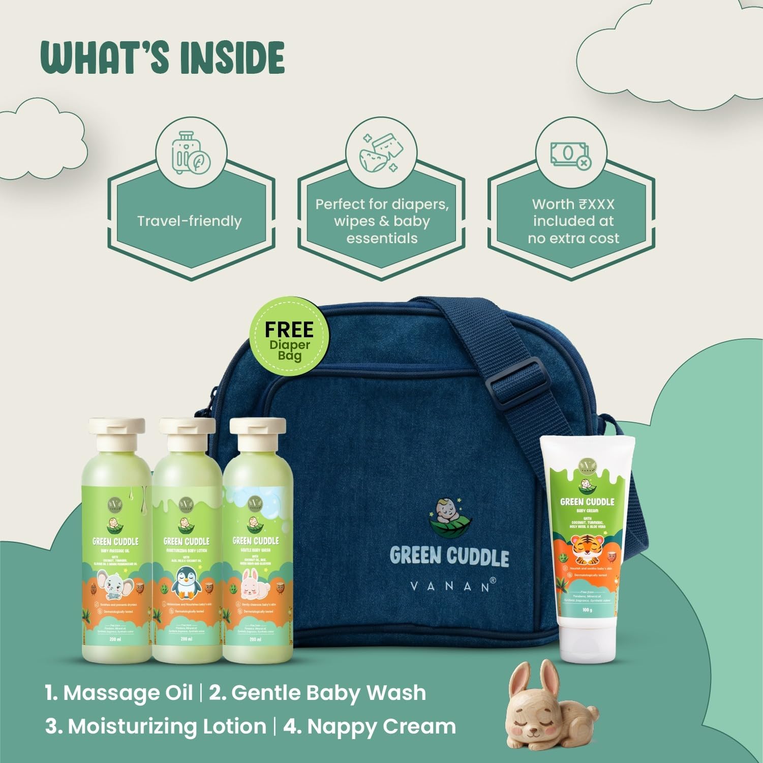 Green Cuddle Babypflegeset | Ayurvedisches Tägliches Babyset – Massageöl, Baby Waschgel, Lotion & Babycreme | Sanft & Parabenfrei | Für Weiche & Gepflegte Babyhaut