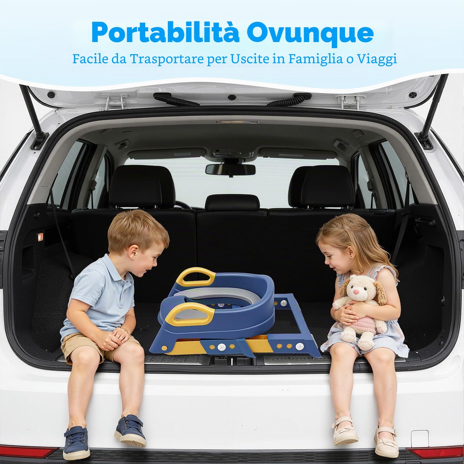 Sedile WC per Bambini con Scala, Sedile WC Pieghevole per Bambini per WC a V/U/O, 6 Regolazioni di Altezza, Supporto WC a U, con Cuscino PU Rimovibile, Blu