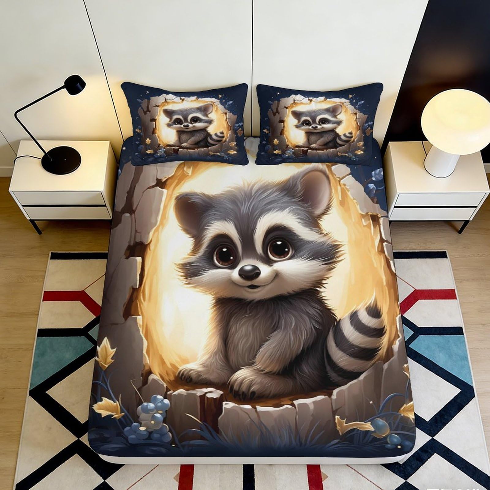 3D Printed Cartoon Raccoon Fitted Sheet Microfiber Non-Slip Deep Pocket Bedroom Bedding Raccoon Mattress Fitted Cover Washable for Adults Teens 200x200x25cm