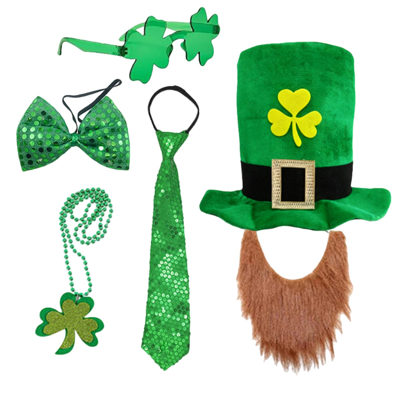 GWAWG Leprechaun Top Hat with Ginger Beard, 6PCS St Patricks Day Hat with Bow Tie, Necktie, Clover Glasses & Necklace, St Patrick’s Day Accessories, Funny Irish Hat Costume Dress Up Gifts for Adults