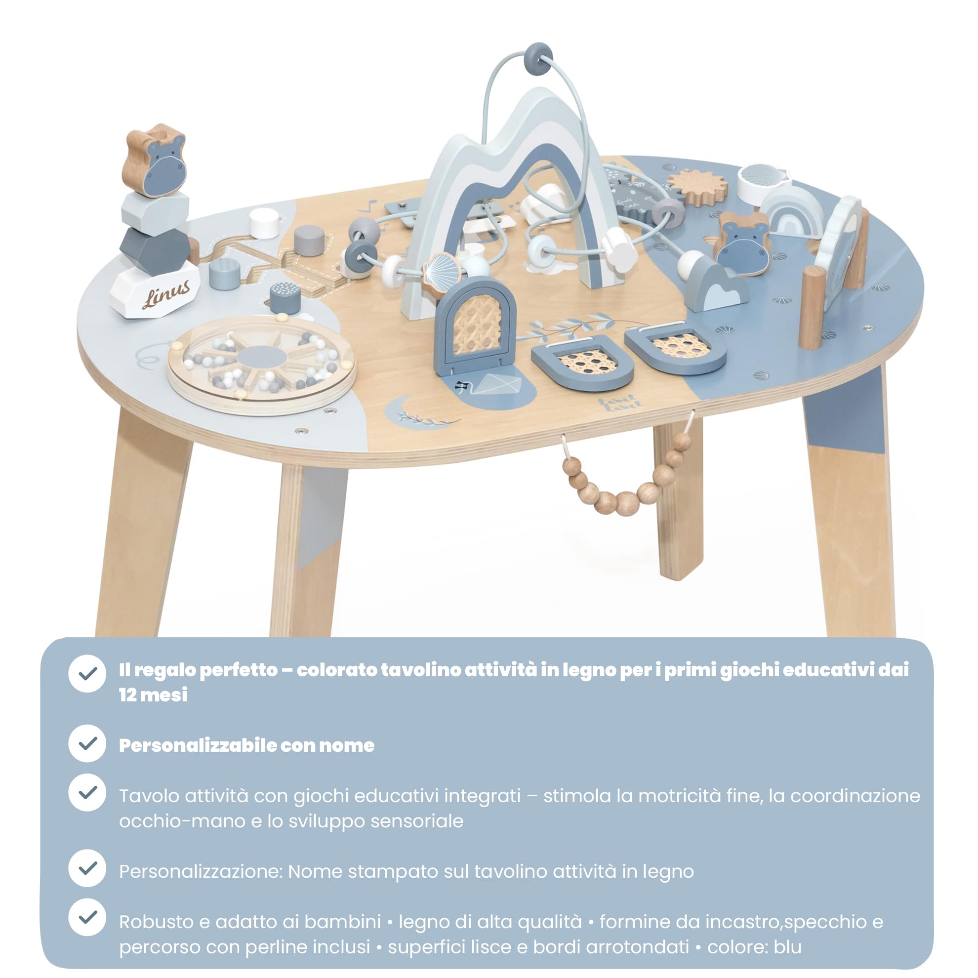 Label Label Personalizzato Tavolo attività in Legno Blu – stimola la motricità fine & Gioco sensoriale per Bambini dai 24 Mesi
