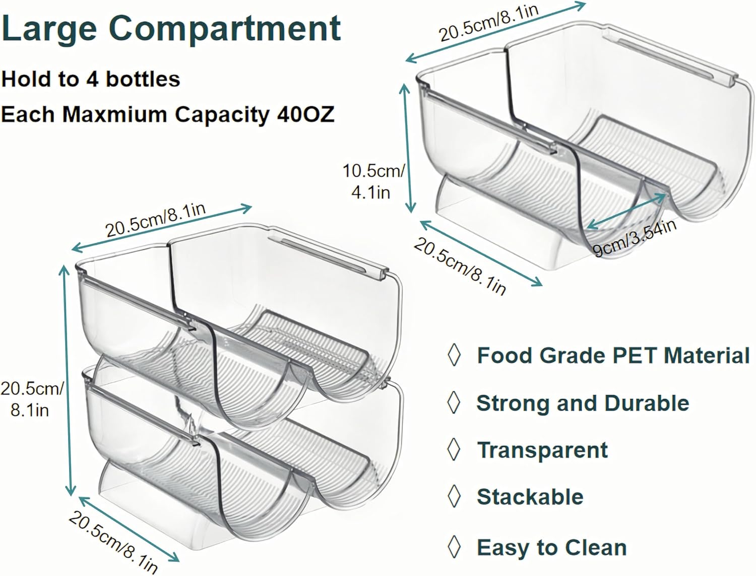 Water Bottle Organizer for Cabinet, Wine Bottle Rack Holder, 2 Tier Stackable Water Bottle Storage Rack and Drink Organizer Stand for Refrigerator, Kitchen