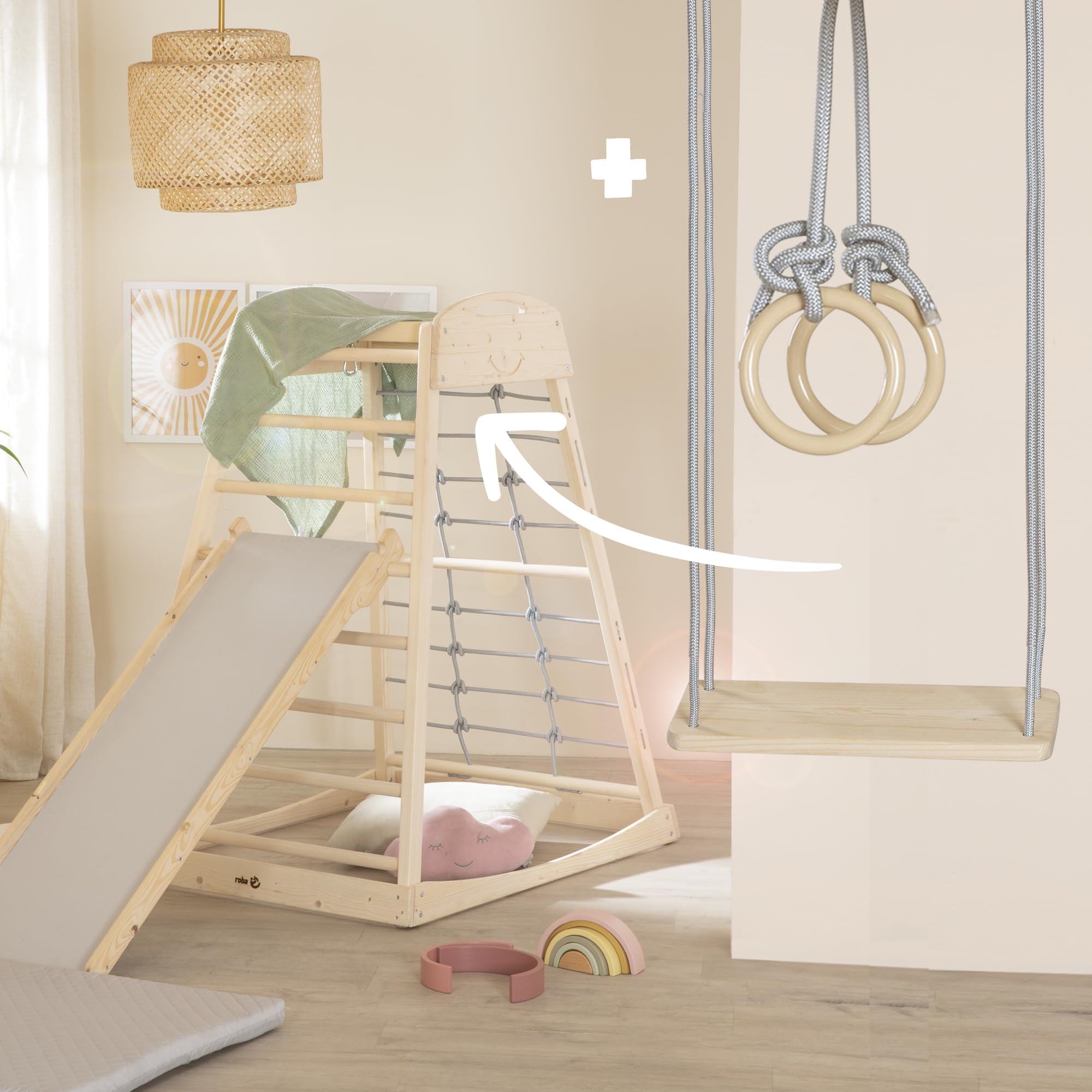 roba Montessori drewniana wieża do zabawy z 2w1 ślizgiem i deską do wspinaczki, drabinką, siatką, huśtawką i kółkami gimnastycznymi, od 24 mies., udźwig 70 kg