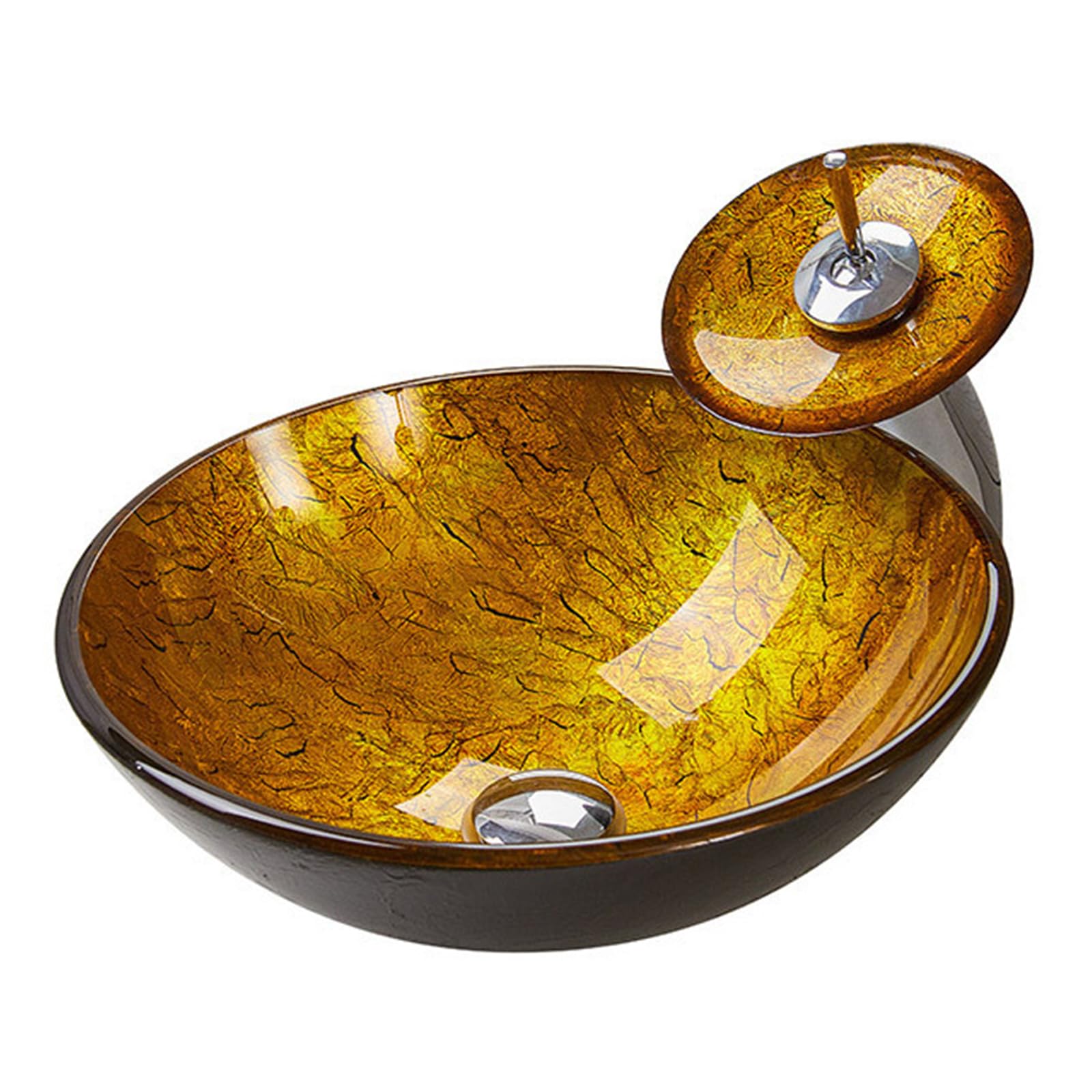 ASerZenith Bathroom Vessel Sink,Tempered Glass Yellow Art Basin Round Bowl, 16.5" Bathroom Sinks With Waterfall Faucet And Pop Up Drain,Countertop Installation