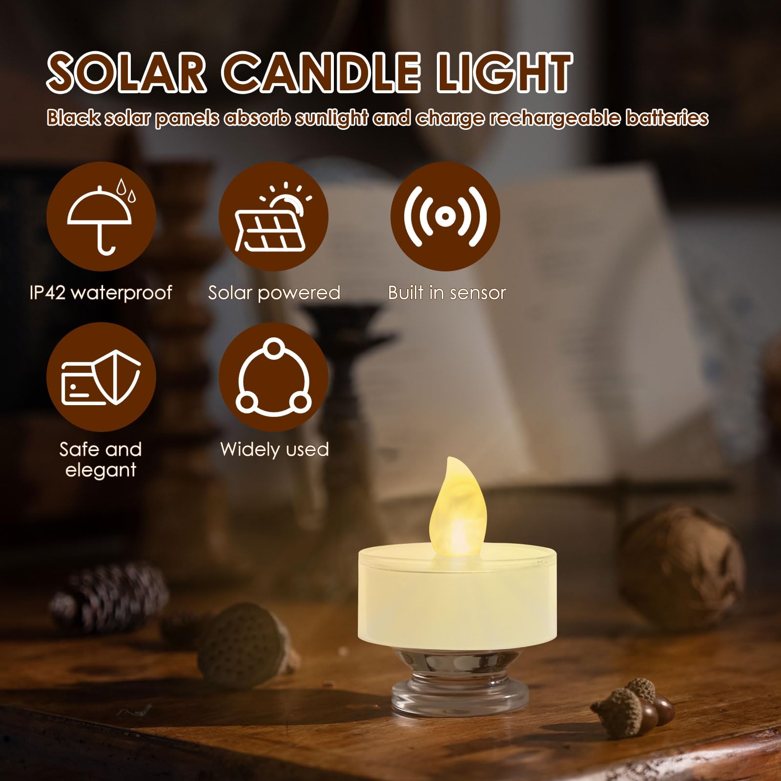 Set di 6 lumini solari senza fiamma, ricaricabili, impermeabili, LED
