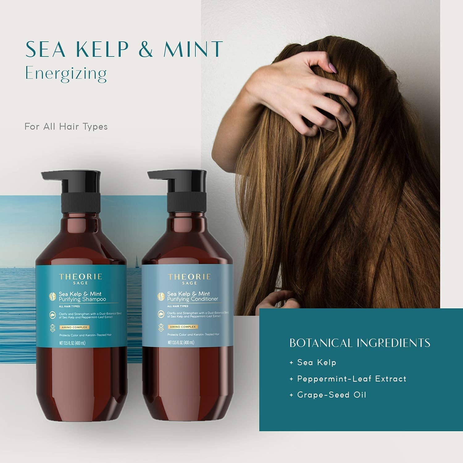 Theorie Sea Kelp and Mint Purifying Shampoo - Clarify & Strengthen - Removes Access Oil - Suited for All Hair Types - Protects Color and Keratin Treated Hair, Pump Bottle / 800mL - Image 6