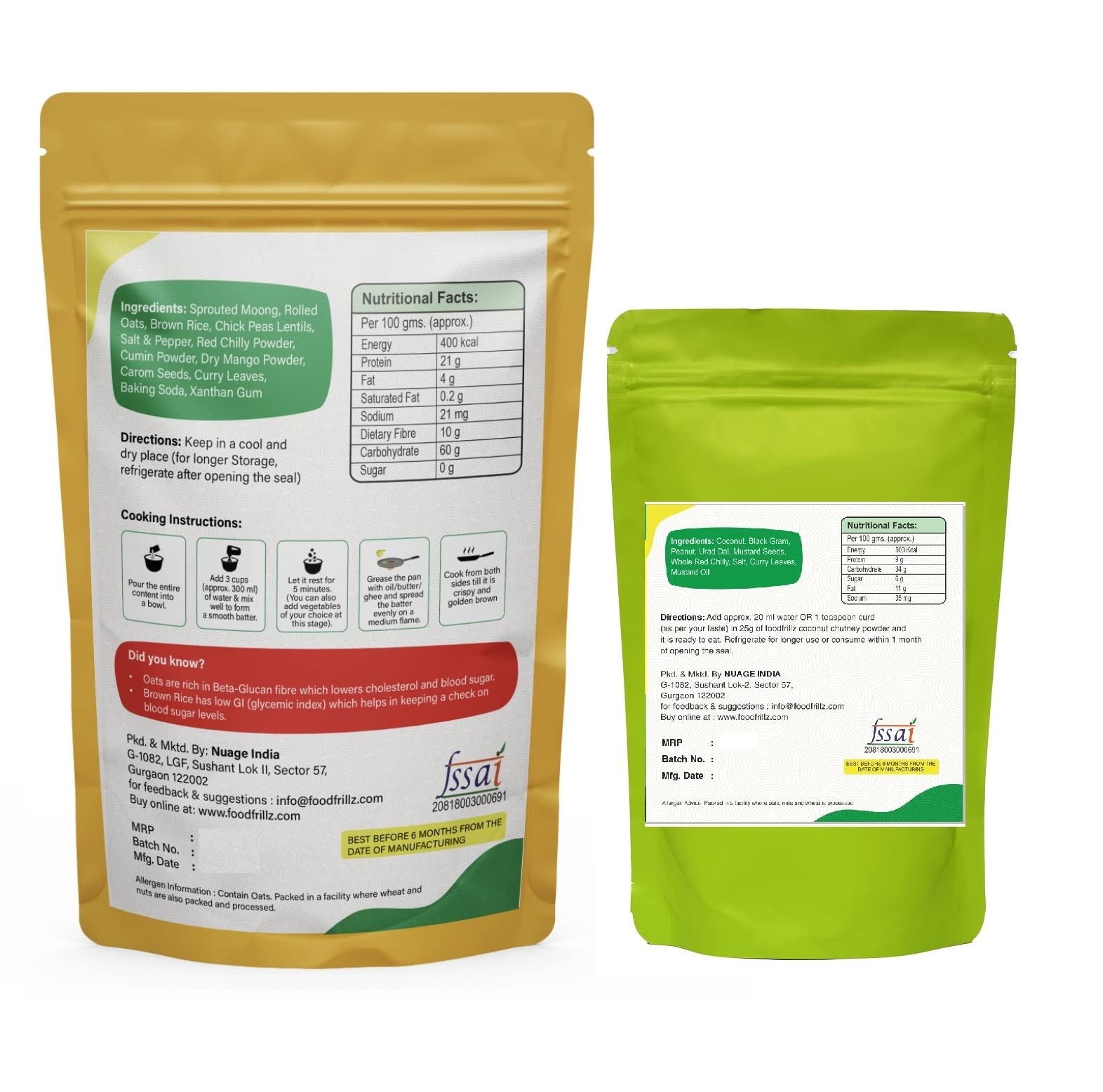 foodfrillz Sprouted Moong-Oats Healthy Chilla / Dosa/ Salted Pancake Breakfast Mix, 200 g + Free Coconut Chutney Powder Trial Pack (25 g) - Image 5 thumbnail