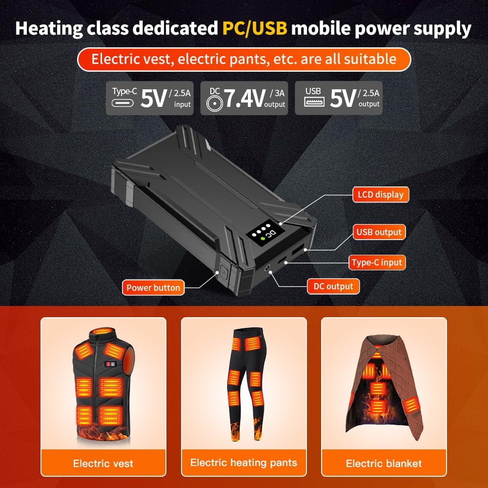 7.4V Heated Vest Battery Pack, 30000mAh Large Capacity Portable Charger, Battery Pack for Heated Vest with LED Display, Rechargeable Power Bank with DC/USB/Type-C Output for Heated Jackets