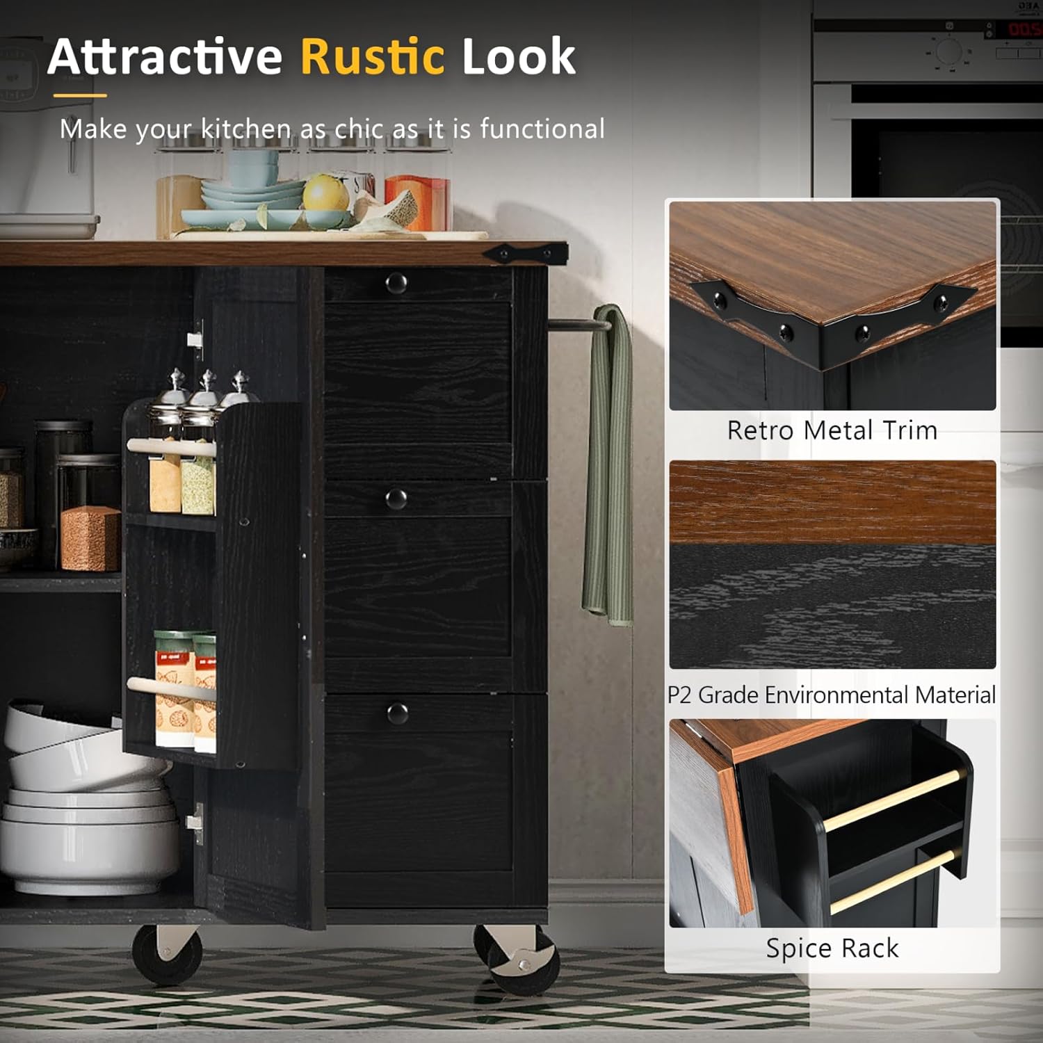 54.5" Farmhouse Kitchen Island with Power Outlet, Kitchen Storage Island with Internal Storage Rack, Drop Leaf, Spice Rack, Rolling Cart on Wheels, for Home Dining Room, Black