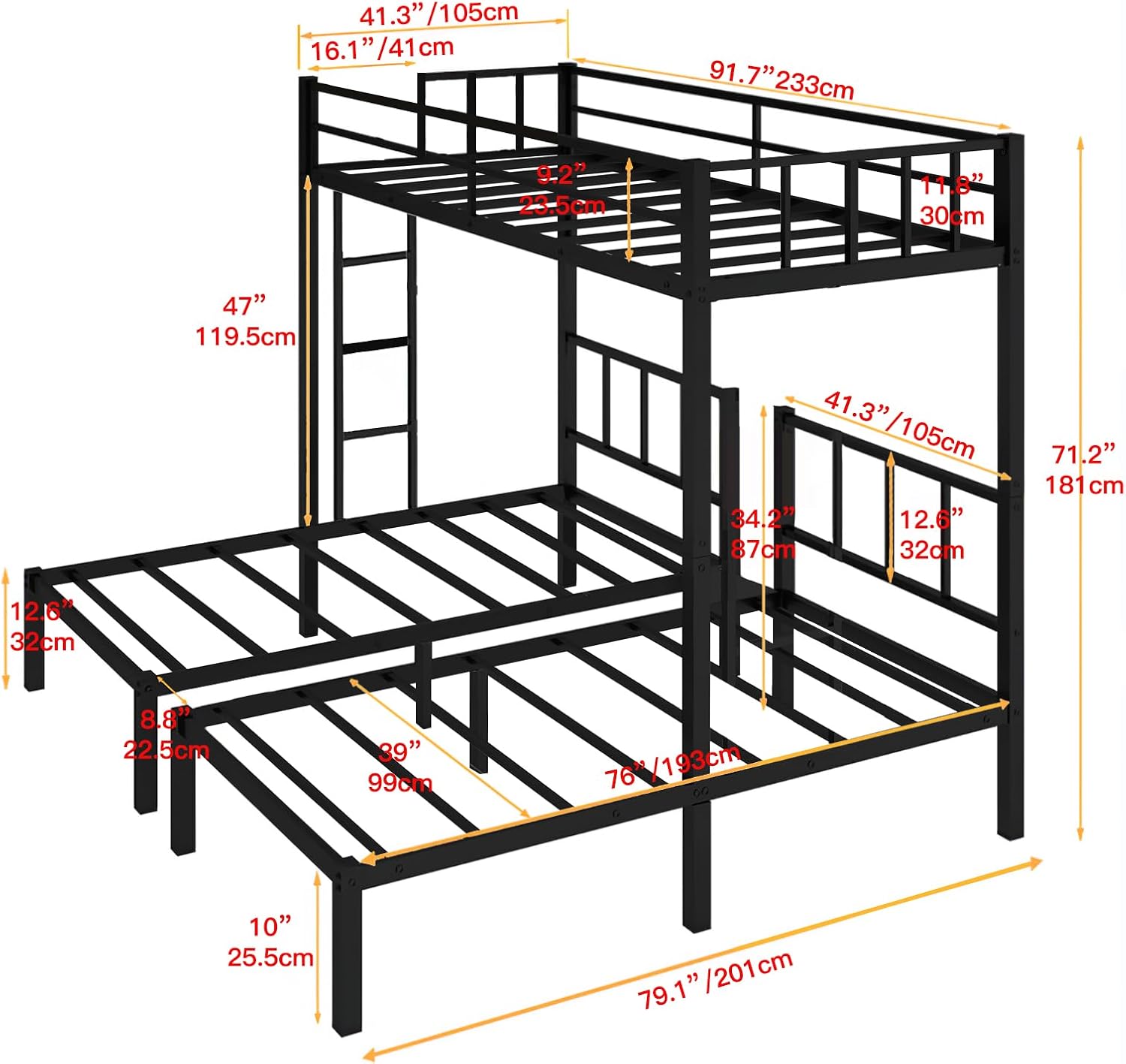 Detailed diagram showing all dimensions of the Twin XL Over Twin & Twin Triple Bunk Bed in inches and centimeters.