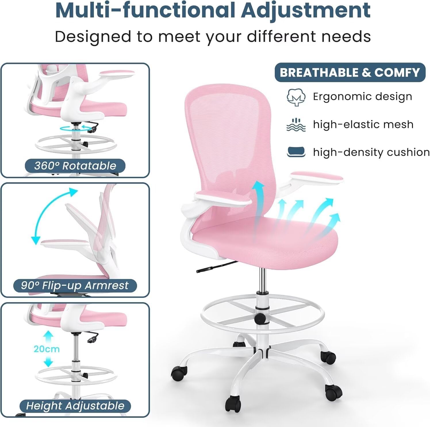 Drafting Chair Tall Executive Ergonomic Computer Standing Desk Chair with Flip-Up Armrests, Lumbar Support, Adjustable Footrest Ring, Height Adjustable Swivel Office Chair for Home Use (Pink)