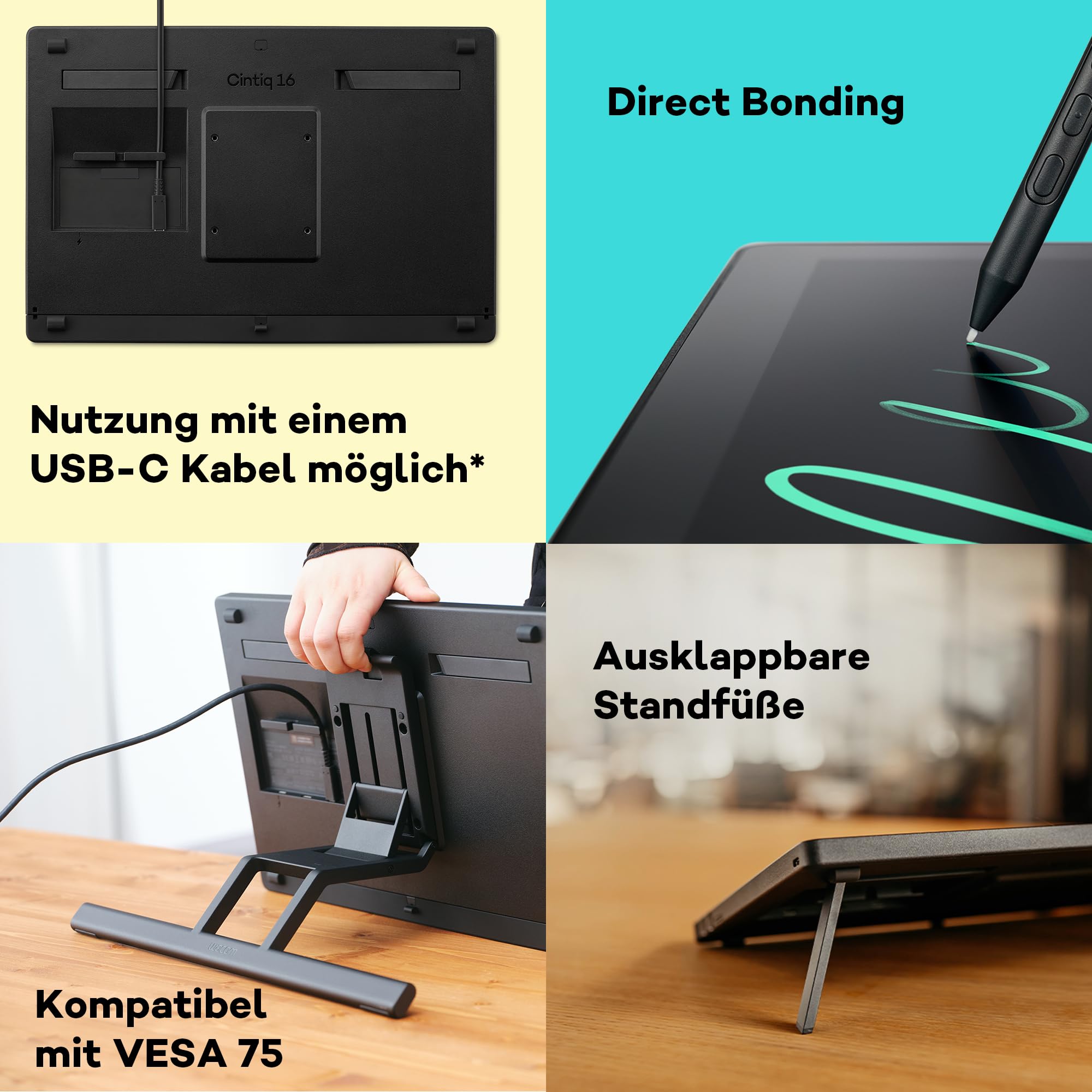 Wacom Cintiq 16 (2025 Edition) – Kompaktes 2.5K Kreativ-Stiftdisplay mit Wacom Pro Pen 3, entspiegeltem Glas, klappbarem Ständer und USB-C