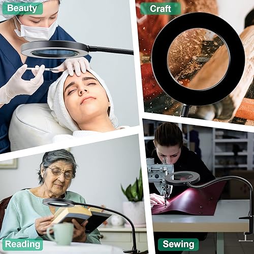 Miniatura 7 de HITTI - Lupa 10X con luz y abrazadera, 3 modos de color, lámpara de aumento iluminada regulable sin escalones, lupa LED de cuello de cisne flexible