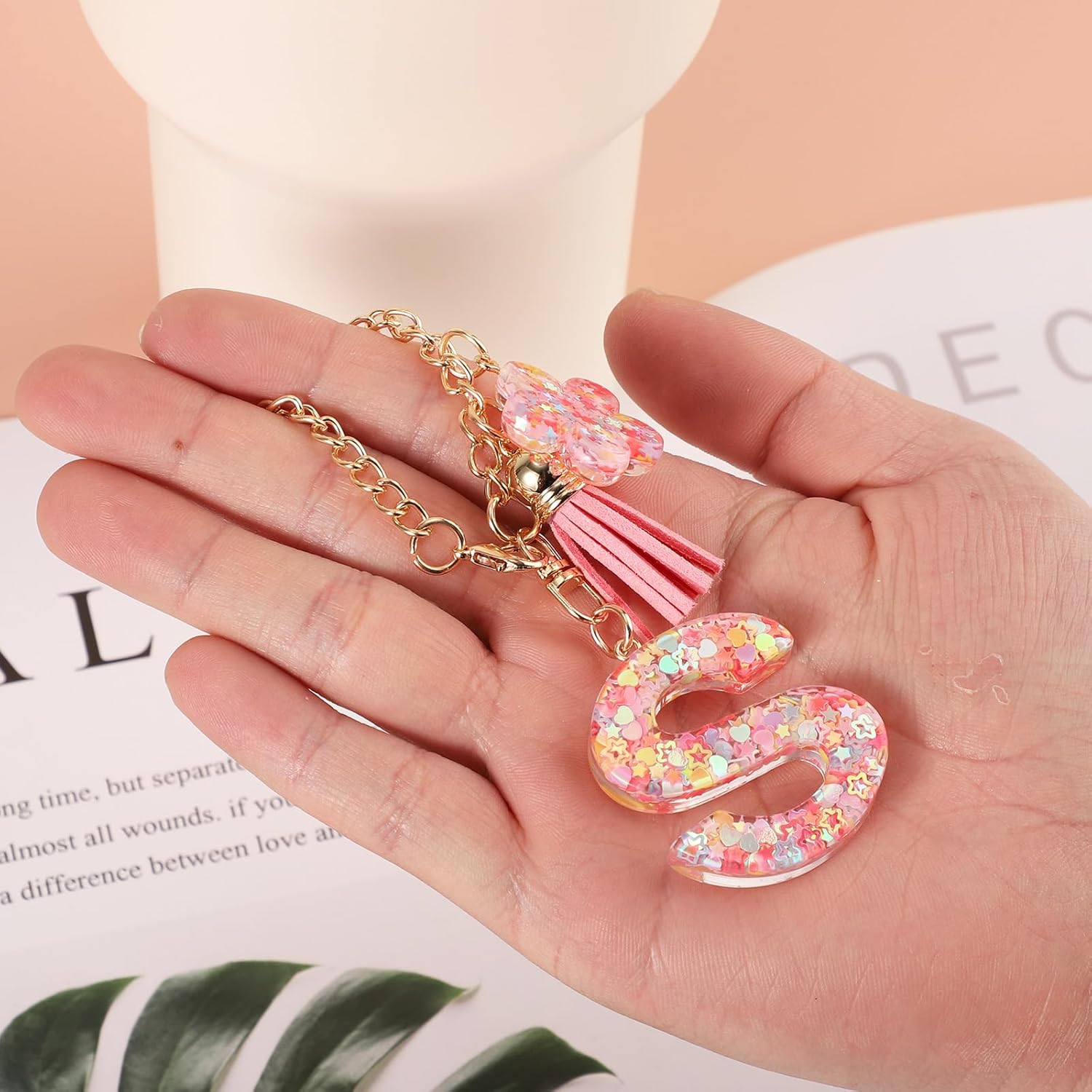 Sequin Initial Bag Charm for Bogg Beach Bag, Resin Keychain Letter Alphabet with Tassel Accessory Decorations for Women - Image 4