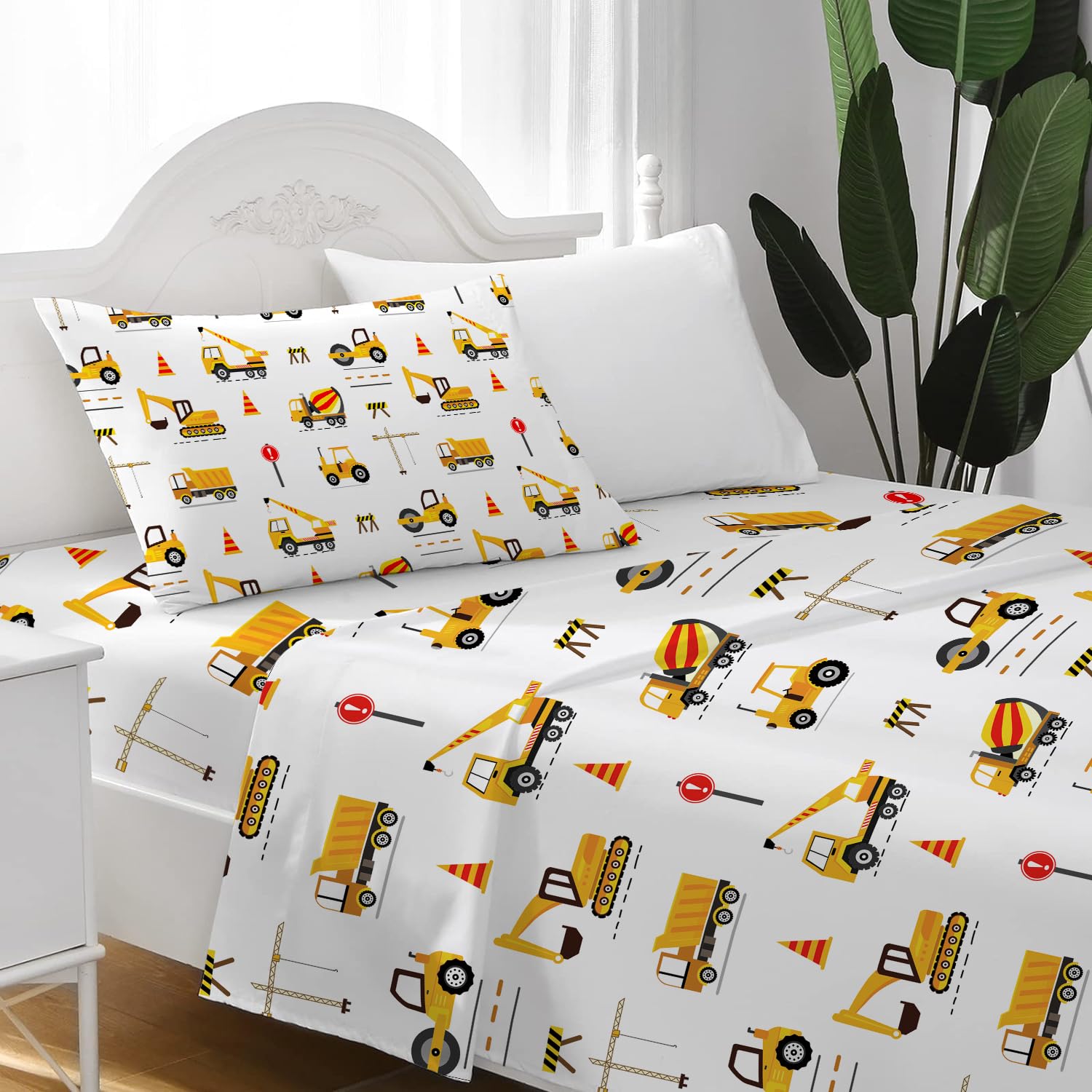 ROLJZTY Bed Sheets for Kids Boys, Soft Microfiber Twin Sheets Set 3 Piece Deep Pocket Bed Sheet Set, Breathable Sheet Sets Twin Size Bed Excavator Vehicles Printed