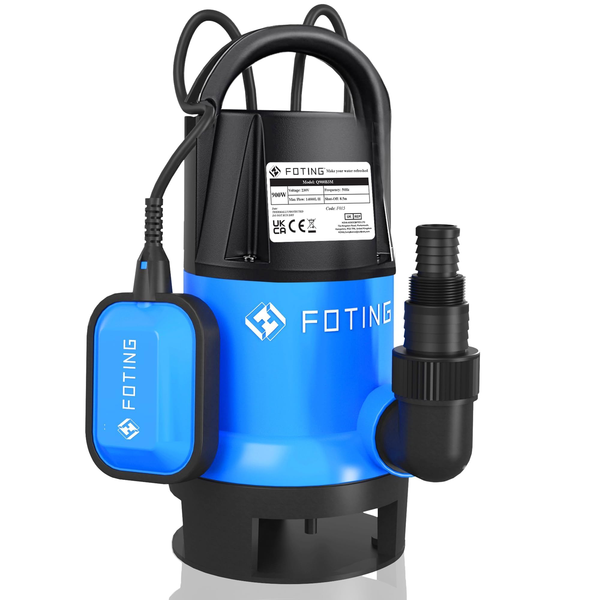 FOTING Bomba de aguas sucias 900W, capacidad de 14.000 l/h, Altura máxima de suministro 8,5 m, inmersión máx. 7 m, interruptor de flotador, cuerpos extraños hasta 35 mm, para drenaje rápido en casa