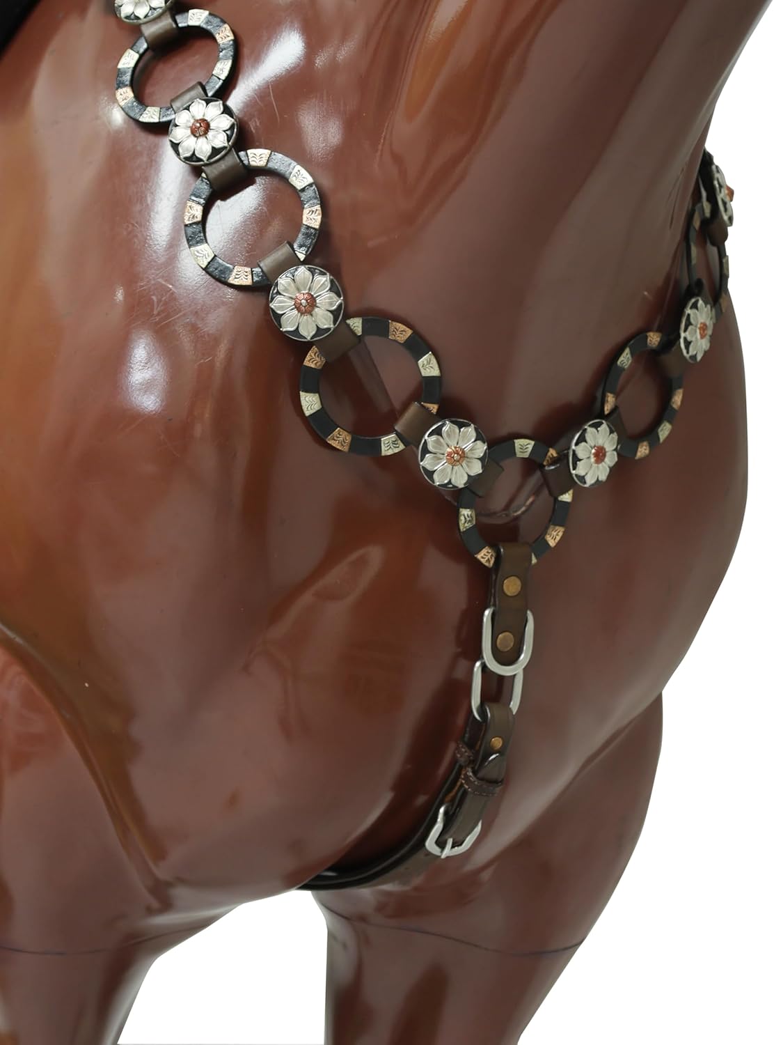 Western Ring Headstall and Breast Collar Handmade Tack Set for Horses, Two-Tone Brown with Engraved Antique Nickel Rings, Raw Leather Laces & Braided Browband, Argentina Leather
