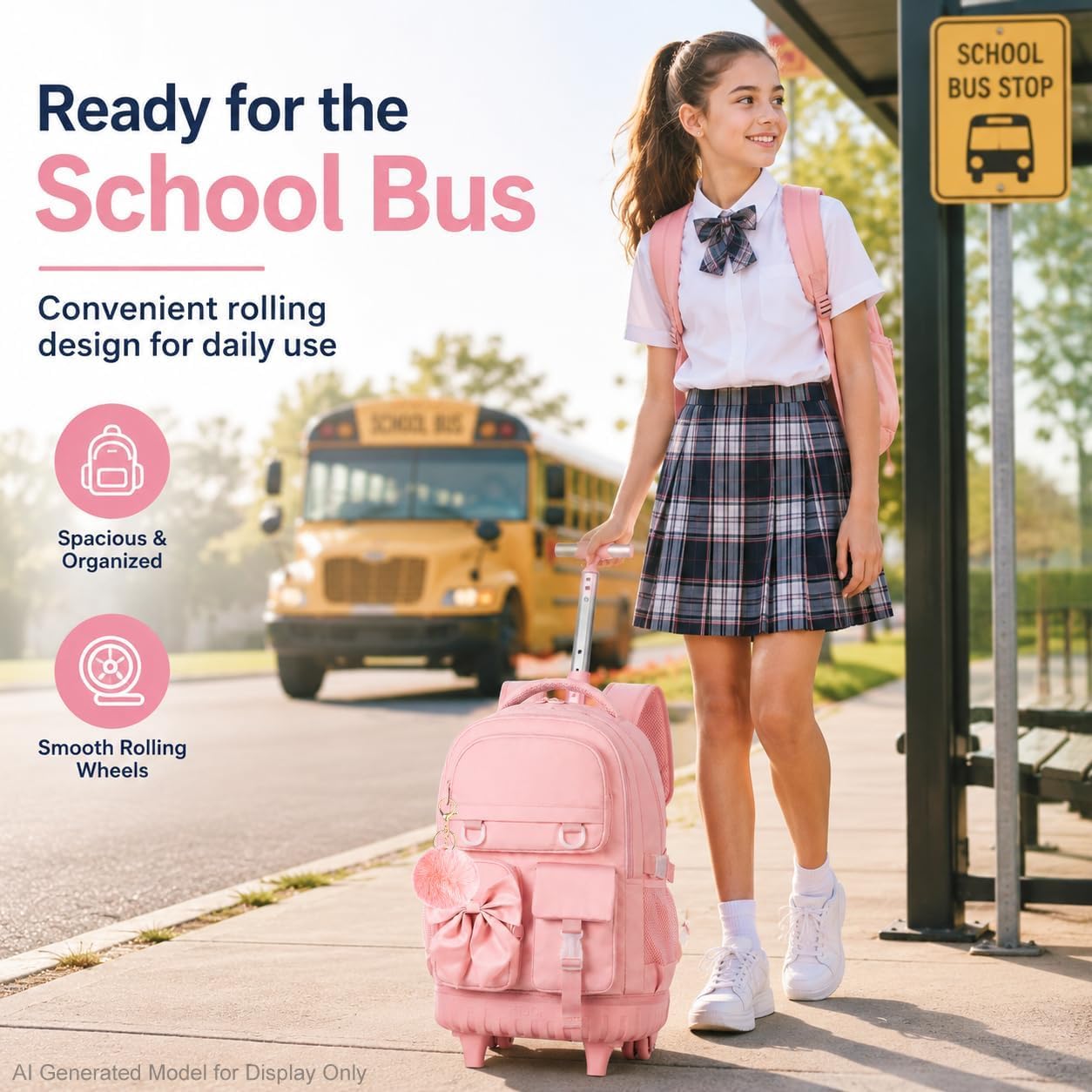 3Pcs Rolling Backpack for Girls Women, School Kids Roller Bookbag with Wheels, Wheeled Backpacks Set for Elementary (Pink)