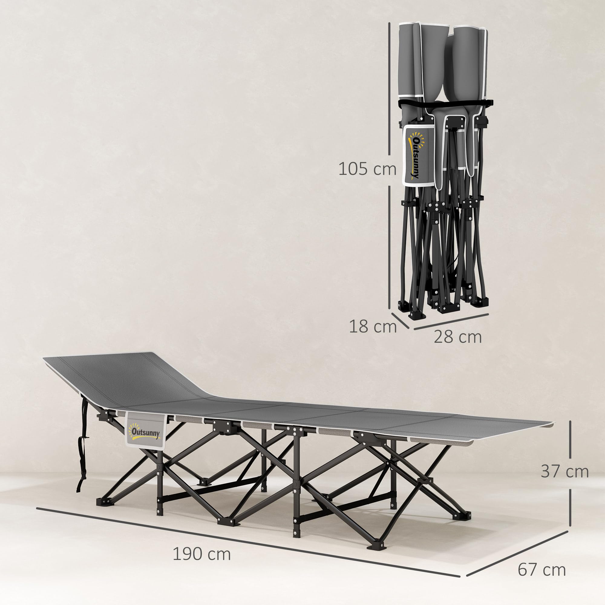 Outsunny Lit de Camping Pliable avec Matelas, Lit de Camp Pliant, Pochette latérale et Sac intégré, transat Chaise Longue en métal et Tissu Oxford, 190 x 67 x 37 cm, Charge 150 kg, Noir