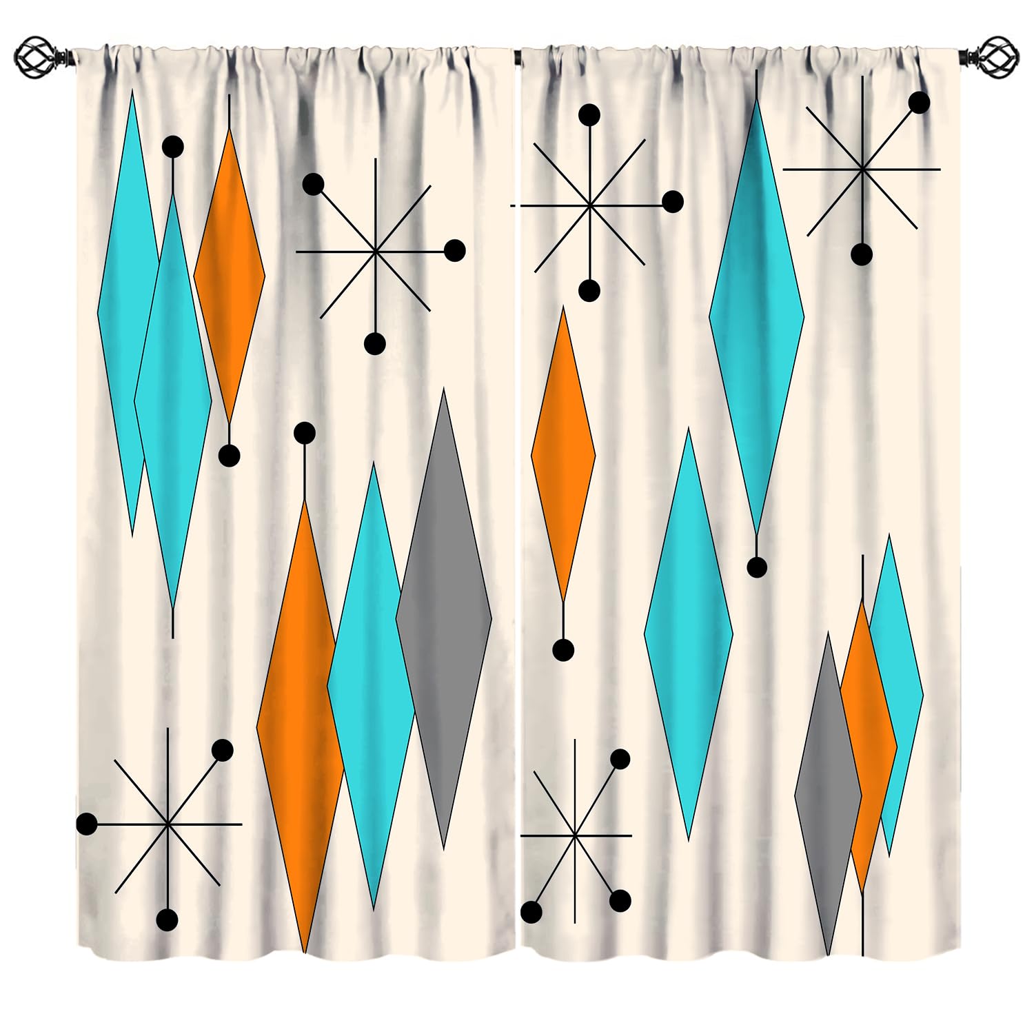 Mid Century Curtains,Mid Century Modern Geometric Atomic Shapes Orange Kitchen Blackout Window Drapes,Retro Style Boho Print Window Treatment Set for