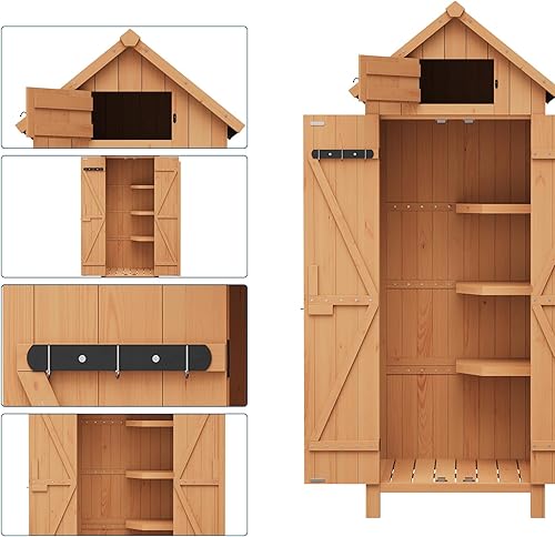 Miniatura 8 de GarveeLife Cobertizo de almacenamiento de madera para exteriores, impermeable, gabinete de almacenamiento vertical para exteriores de 70 pulgadas