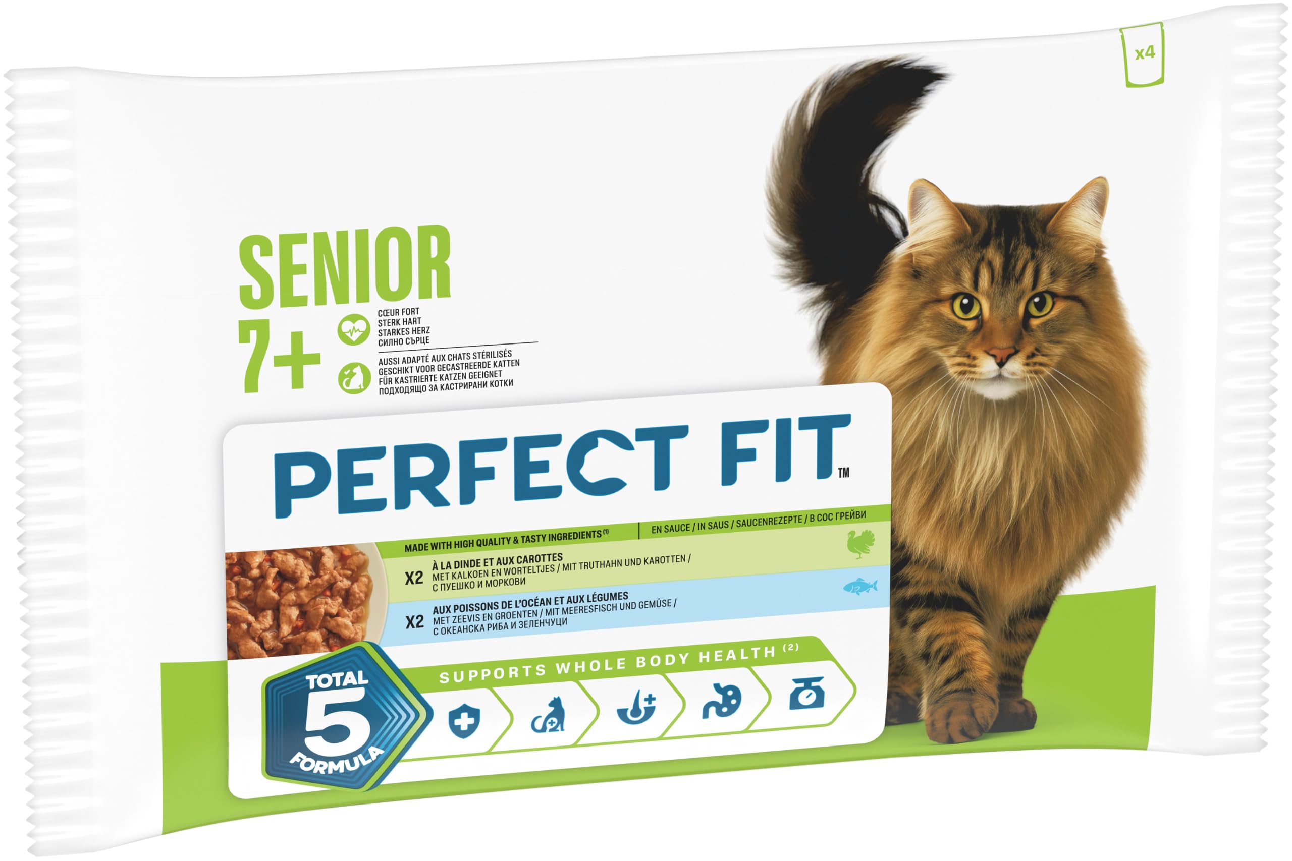 Sachet de Nourriture pour Chat Senior 7+, 4 x 13 x 85 g à la Dinde et aux Légumes/aux Poissons de l'océan et aux Petits Pois (Pack de 52)