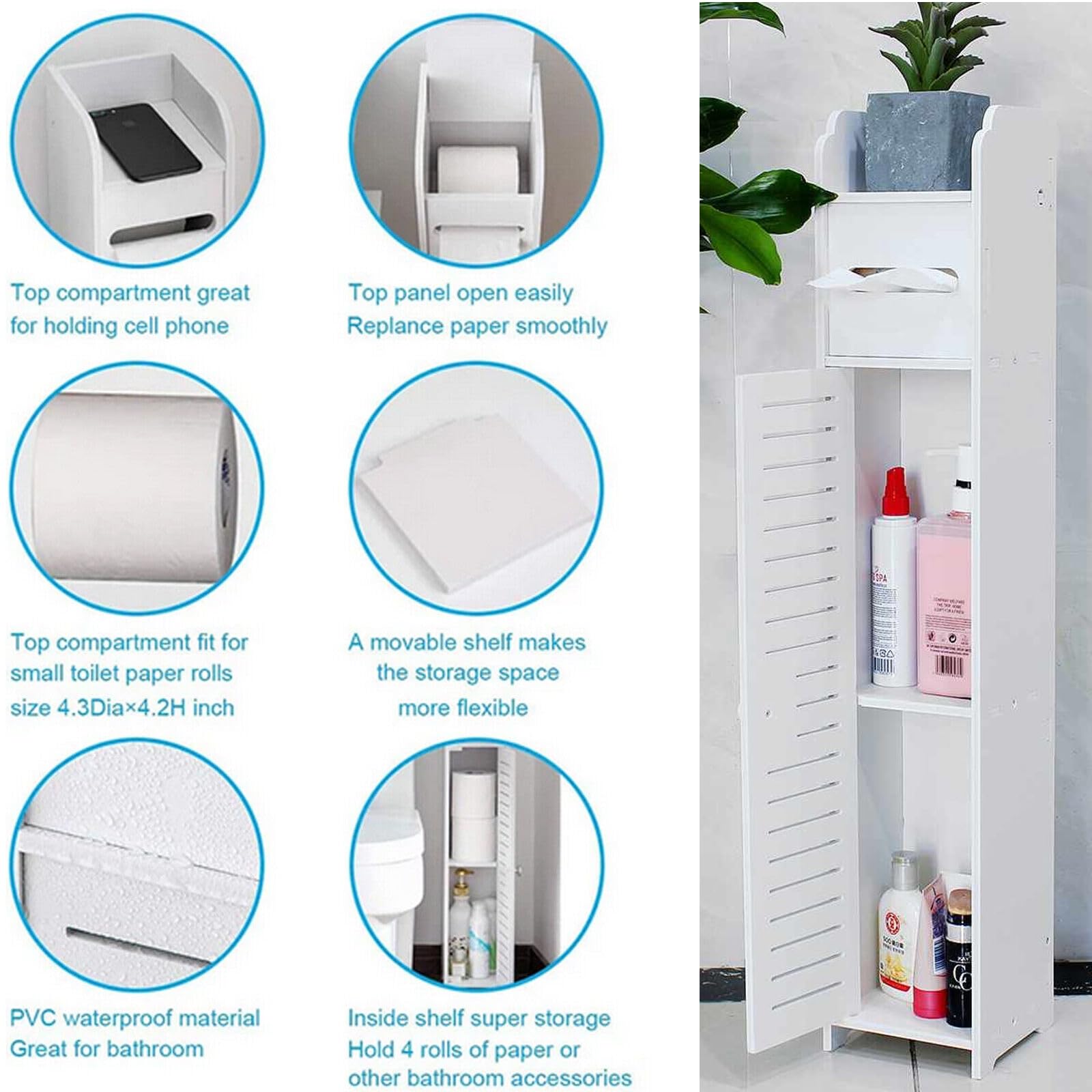 Badezimmer Aufbewahrungsschrank mit Toilettenpapierhalter, freistehendes badezimmerschrank Bodenschränke with1 Tür, für Wohnzimmer Kücheneingang, 81x16x16cm