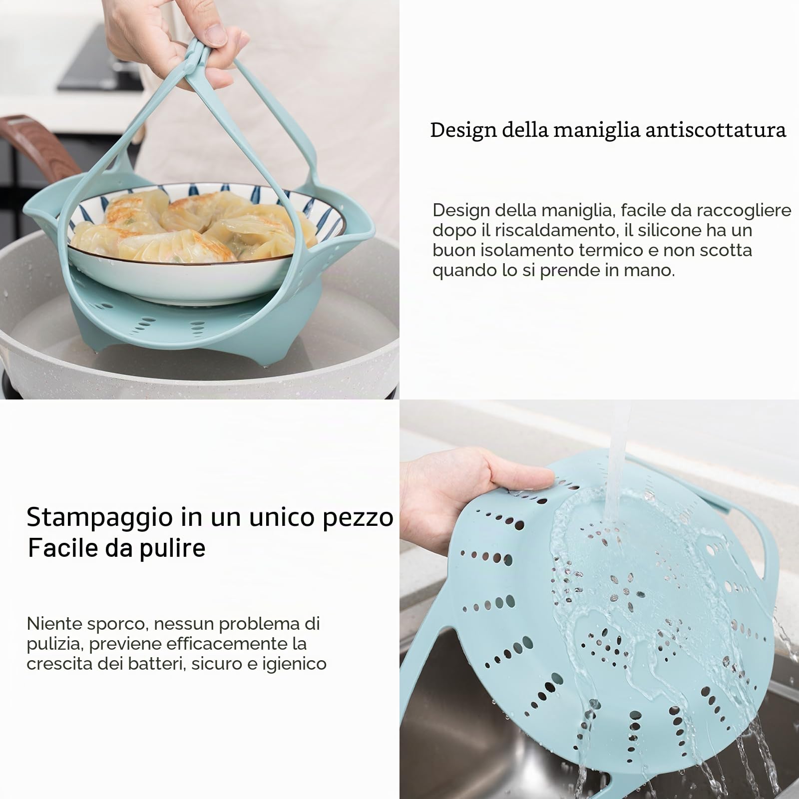 Cestino per cottura a vapore in silicone con design pieghevole per verdure, compatibile con pentole istantanee, riutilizzabile, antiaderente, senza BPA, blu