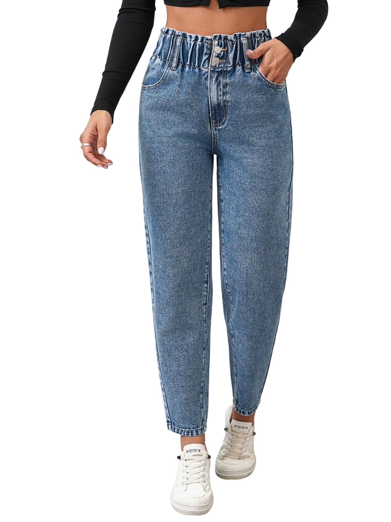 SOLY HUX Pantalon en jean pour femme - Taille haute - Pantalon en jean avec poches - Pantalon avec taille élastique - Jean avec coupe carotte - Streetwear