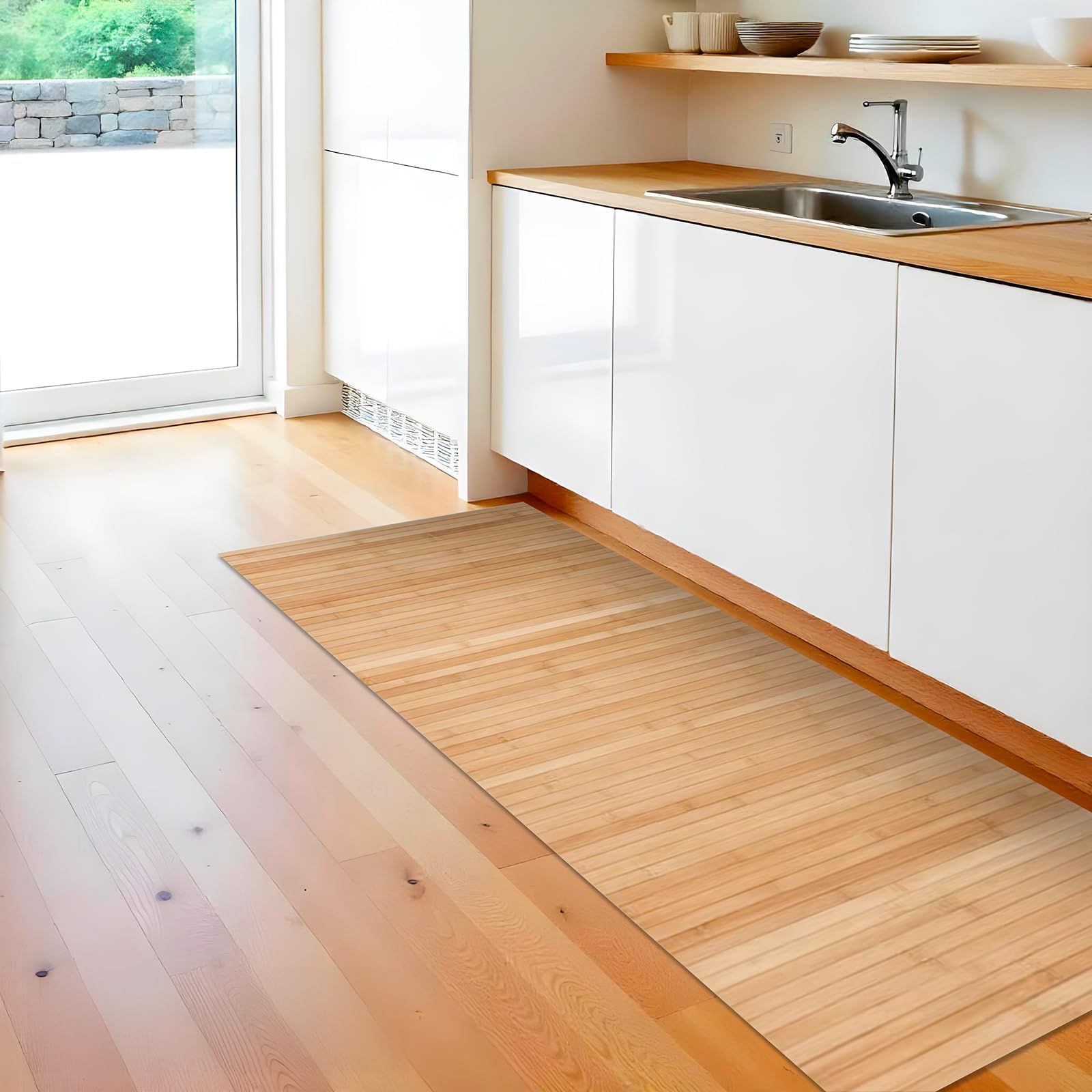 PARAMAISON Tappeto Bamboo Cucina Soggiorno Corridoio, Passatoia Fondo Antiscivolo, Antimacchia, Multiuso, Lavabile | Naturale 50x250cm