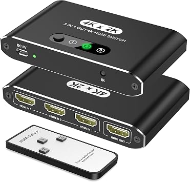HDMI Switch 3 in 1 Out, 4K@60Hz HDMI Selector with Remote Control, 3 Ports HDMI Switcher, Perfect for Full HD 4K 1080P 3D Video Roku Fire TV Blu-ray Players Stick Apple PS4/PS5 Xbox Chromecast black