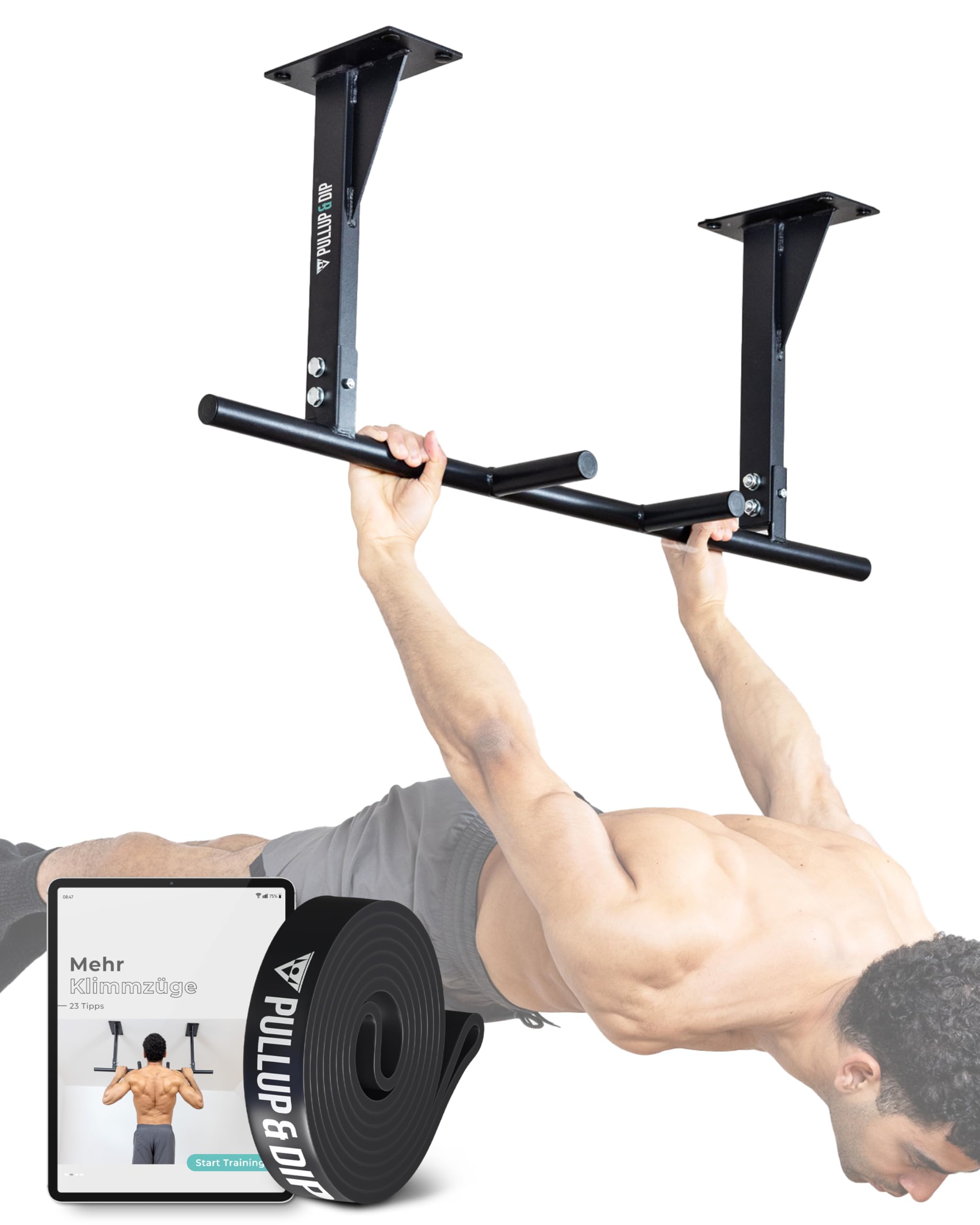 PULLUP & DIP Barre de Tractions pour Montage au Plafond - Résistant Jusqu'à 180 kg - Antidérapant 5 Positions de Préhension pour l'Exercice - Idéale pour Musculation Maison, Gym et Appareil Fitness