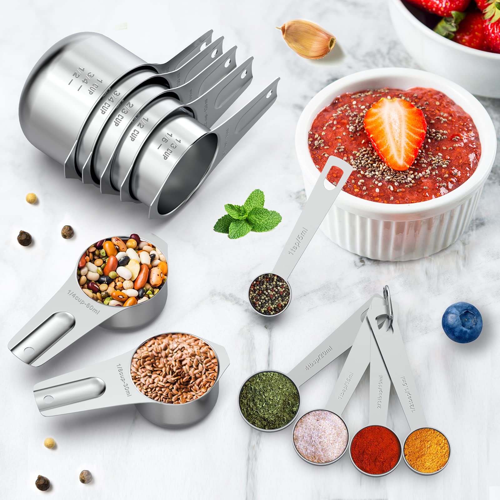 Juego de 21 tazas y cucharas medidoras de acero inoxidable, tazas y cucharas medidoras de metal Wildone para cocinar y hornear, incluye 7 tazas, 9 cucharas y 5 mini cucharas