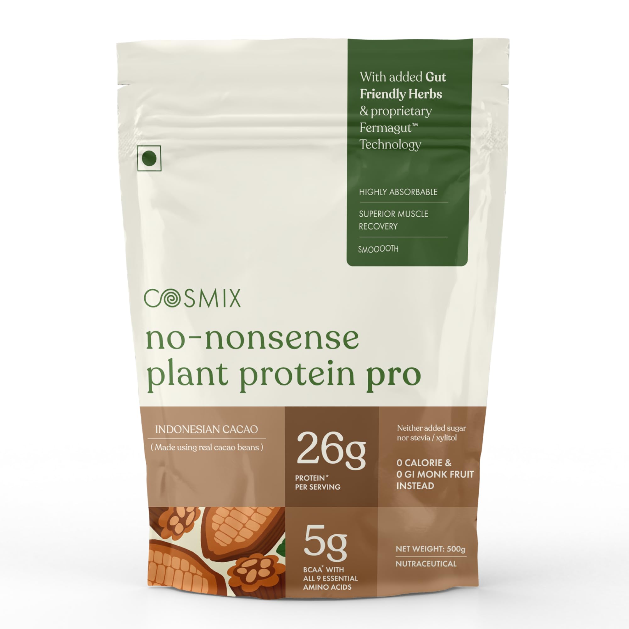 Cosmix No-Nonsense Plant Protein PRO 26g Protein | Yeast Protein & Pea Protein Blend | Indonesian Cacao, 1Kg Pouch x 1 | Clean, Easy to Digest discount deal