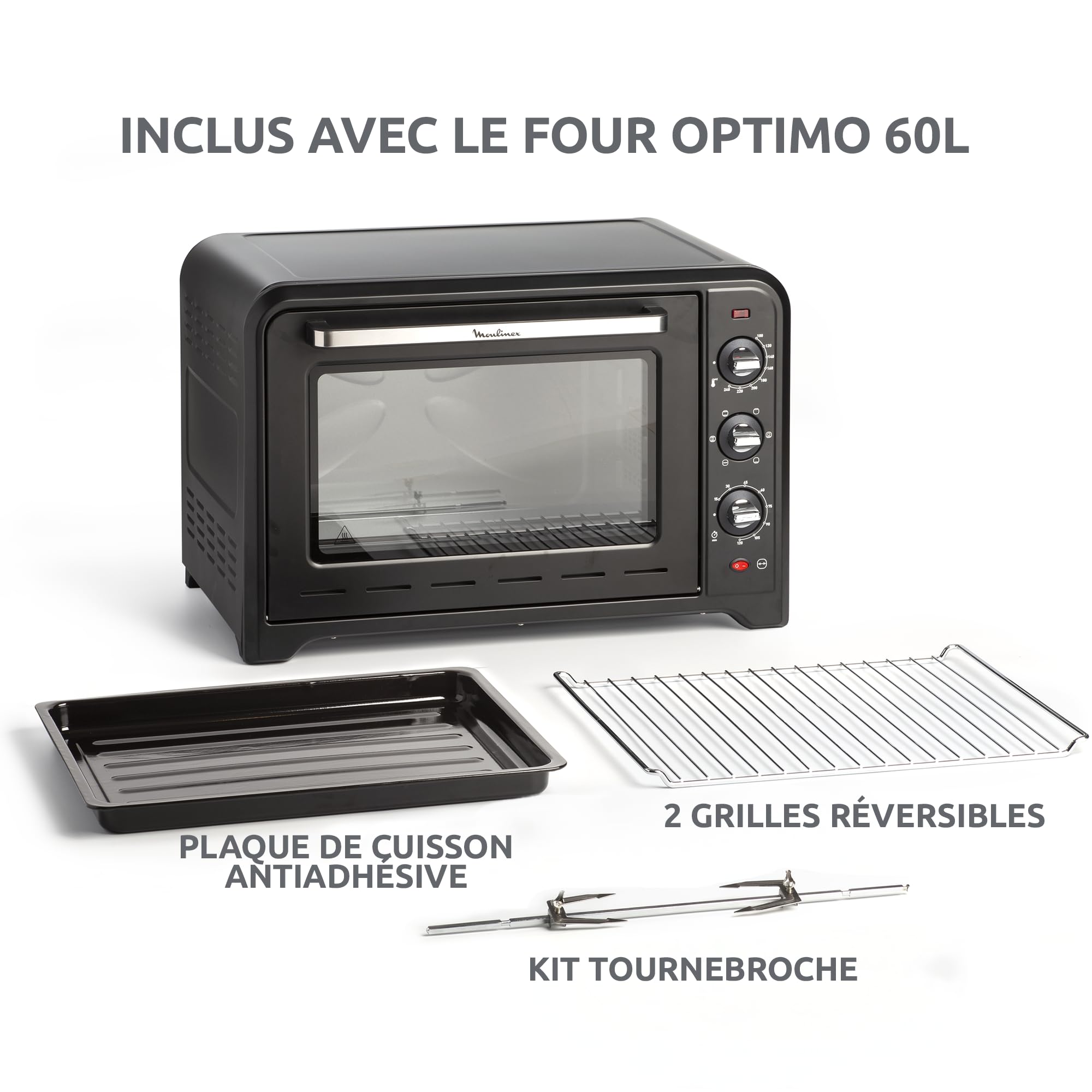 Moulinex Four électrique à chaleur tournante 60 L, 7 modes de cuisson, Tournebroche, Thermostat réglable jusqu’à 240 °C, Timer 120 minutes, 2 grilles réversibles, Optimo, Noir OX495810