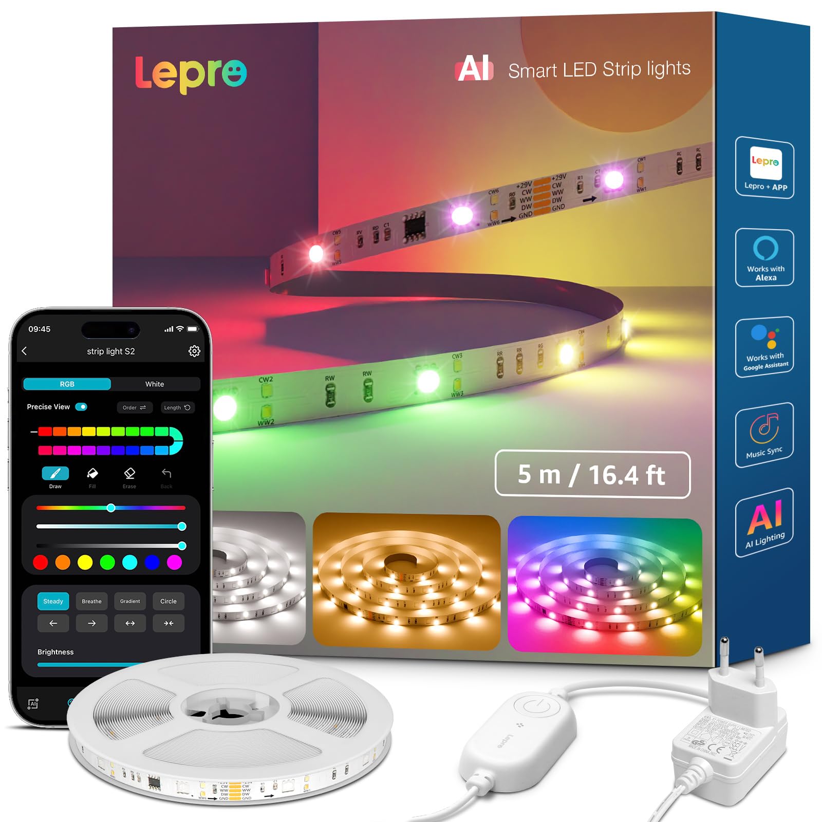 Lepro AI LED Streifen S2, 5M RGBCW LED Strip mit echtem Weißlicht, MagicColor RGBIC, Personalisierter KI-Lichtdesigner, Musik-Sync, Kompatibel mit Alexa & Google Assistant für Gaming & Ambiente