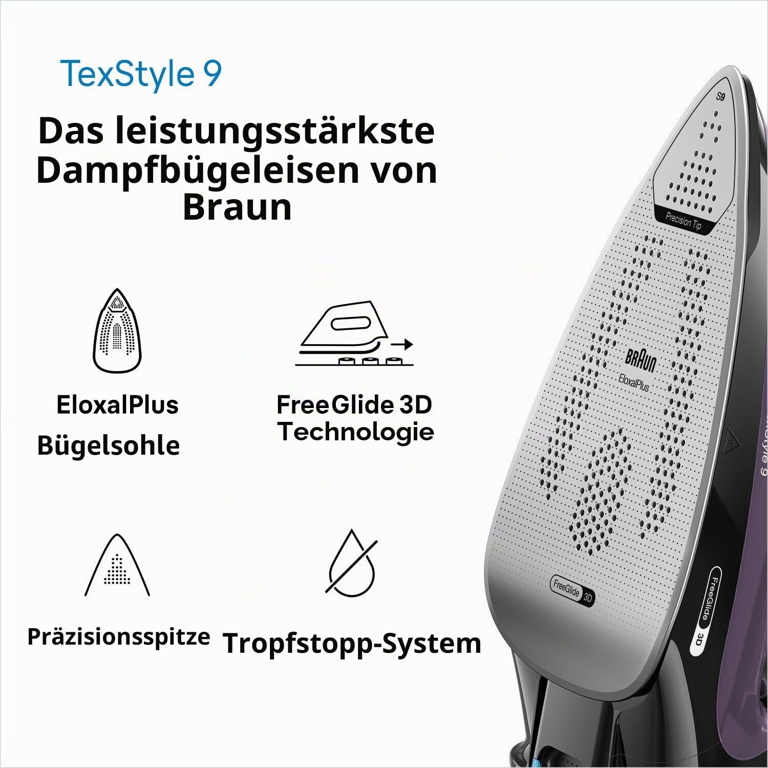 Braun TexStyle 9 SI9661VI Dampfbügeleisen mit FreeGlide 3D-Technologie, vertikales Bügeleisen, Anti-Tropf-Funktion, Tank 330 ml, 260 g/min, 3200 W, Violett