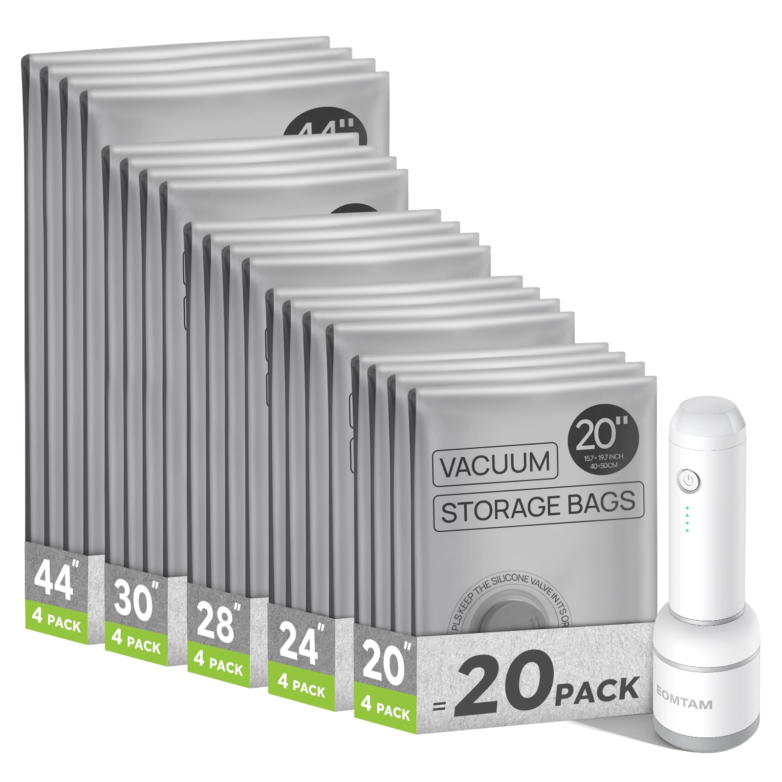 Vacuum Compression Storage Bags with Rechargeable Pump for Travel, 20 Pack | Vacuum Seal…