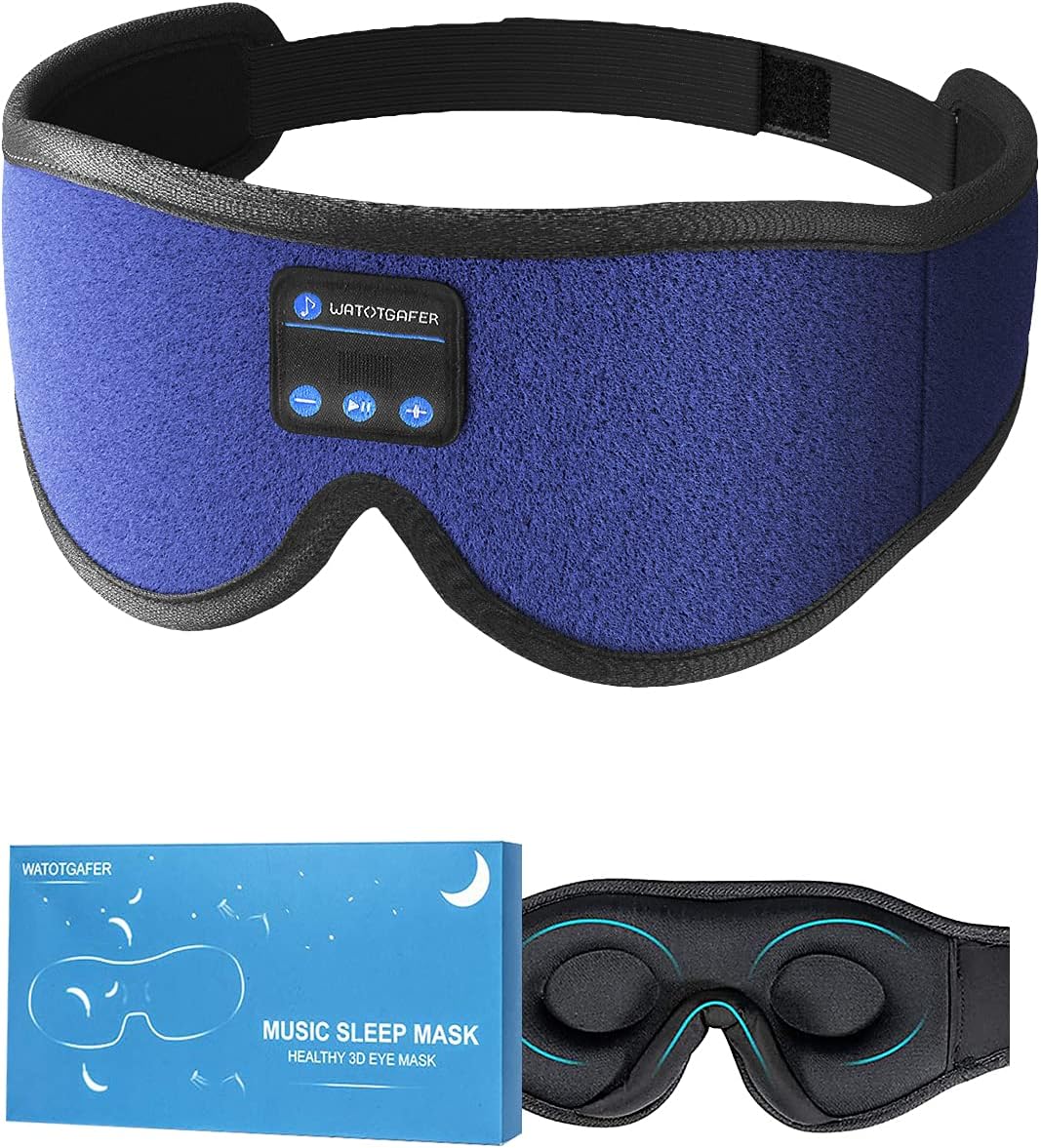 Sleep Headphones, 3D Bluetooth Sleep Mask, WATOTGAFER Washable Sleeping Headphones with Adjustable Ultra Thin Stereo Speakers Microphone Hands Free for Insomnia Travel (Blue)