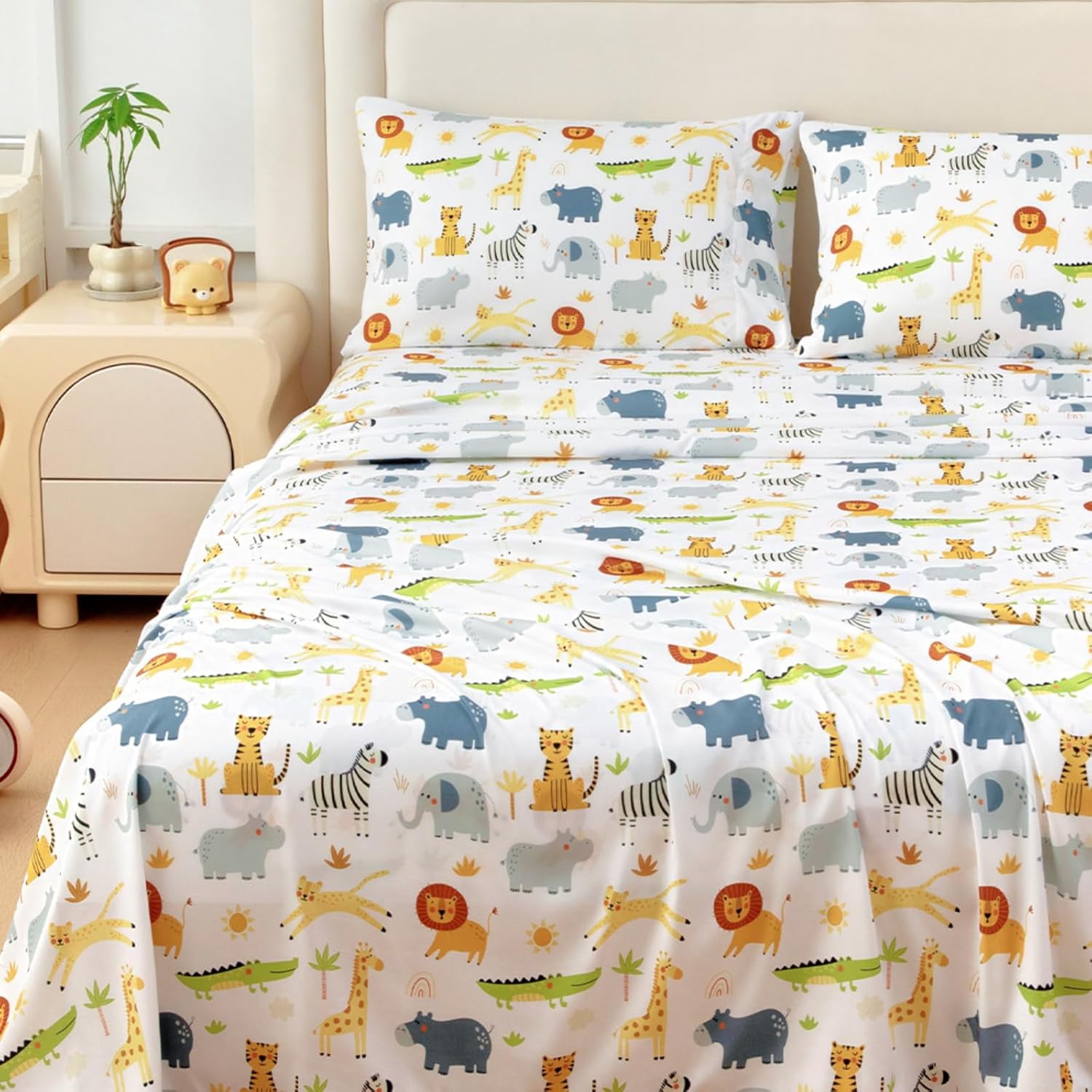 MICORAL Queen Sheets Set Kids, Wild Animal Sheets for Boys Girls & Teens, 4 Piece Soft Printed Microfiber Bed Sheets, Deep Pocket Cozy Cute Toddler Bedding Set