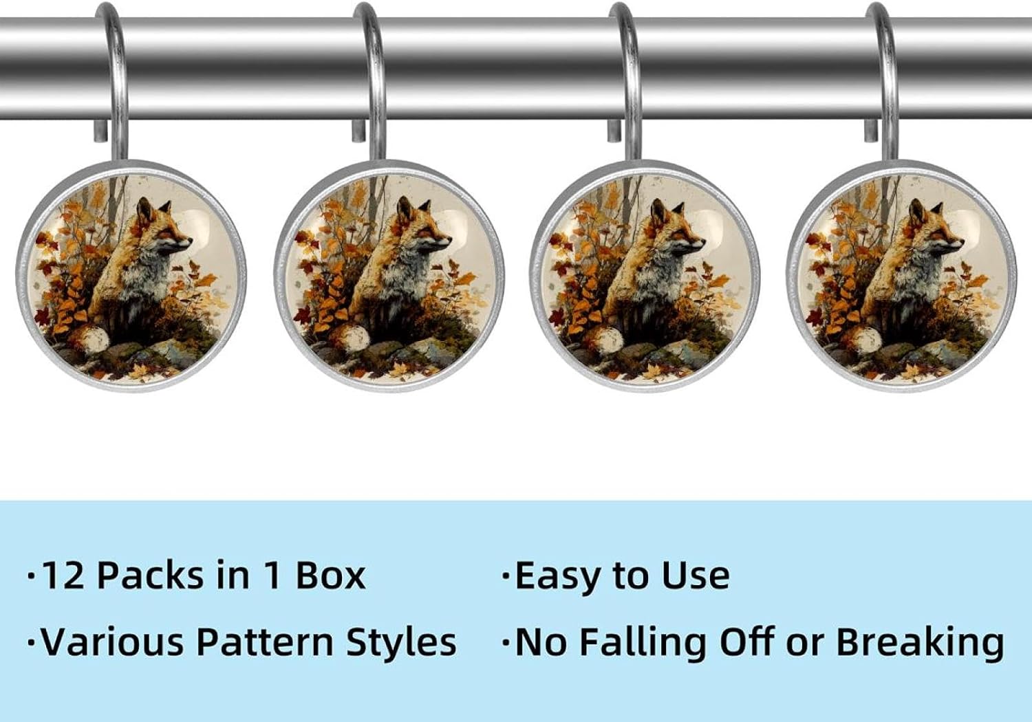Autumn Forest Fox (1) Shower Curtain Hooks, Rustproof Shower Curtain Rings for Bathroom, Stainless Steel Shower Hooks for Shower Curtain Rod, Decorative Shower Curtain Hangers Set of 12