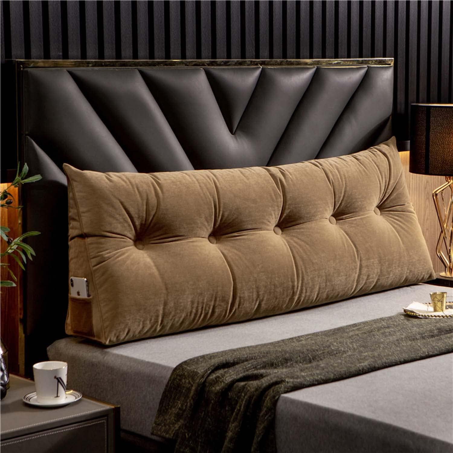 Luxury Headboard Pillow, Large Wedge Back Lumber Support Positioning Pillow With Pocket For Bed Sofa Tatami, Washable Daybed Triangle Bolster Cushion(150×50×20cm,Brown)