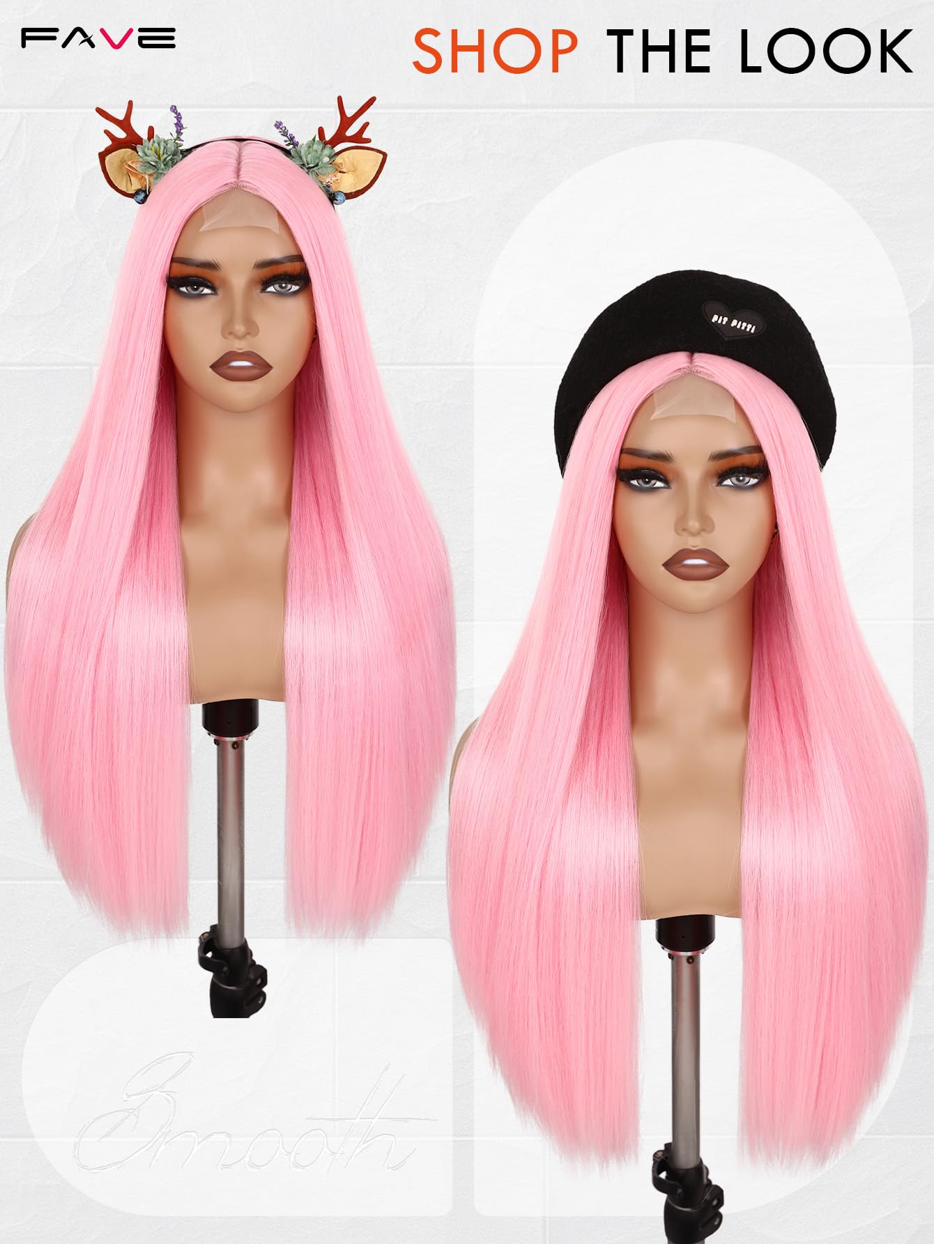 FAVE Perruque rose 65 cm synthétique pour femmes résistante à la chaleur, longue avec raie au milieu, aspect naturel rose clair, idéale pour quotidien/fête/cosplay