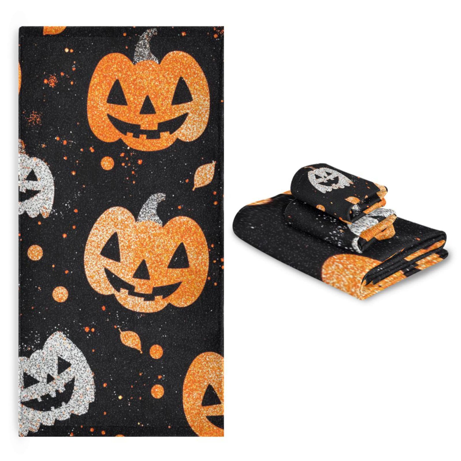 Halloween błyszczące dynie czyszczenie ręczników do twarzy zestaw 3 sztuk, 1 ręcznik kąpielowy 1 ręcznik do rąk 1 myjka do domu kuchni rodziny
