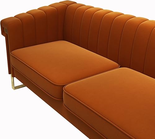 Miniatura 8 de JINGDIAN Sofá moderno de terciopelo naranja de mediados de siglo con patas de metal dorado, 83.86 pulgadas, cómodos sofás Chesterfield de lujo para