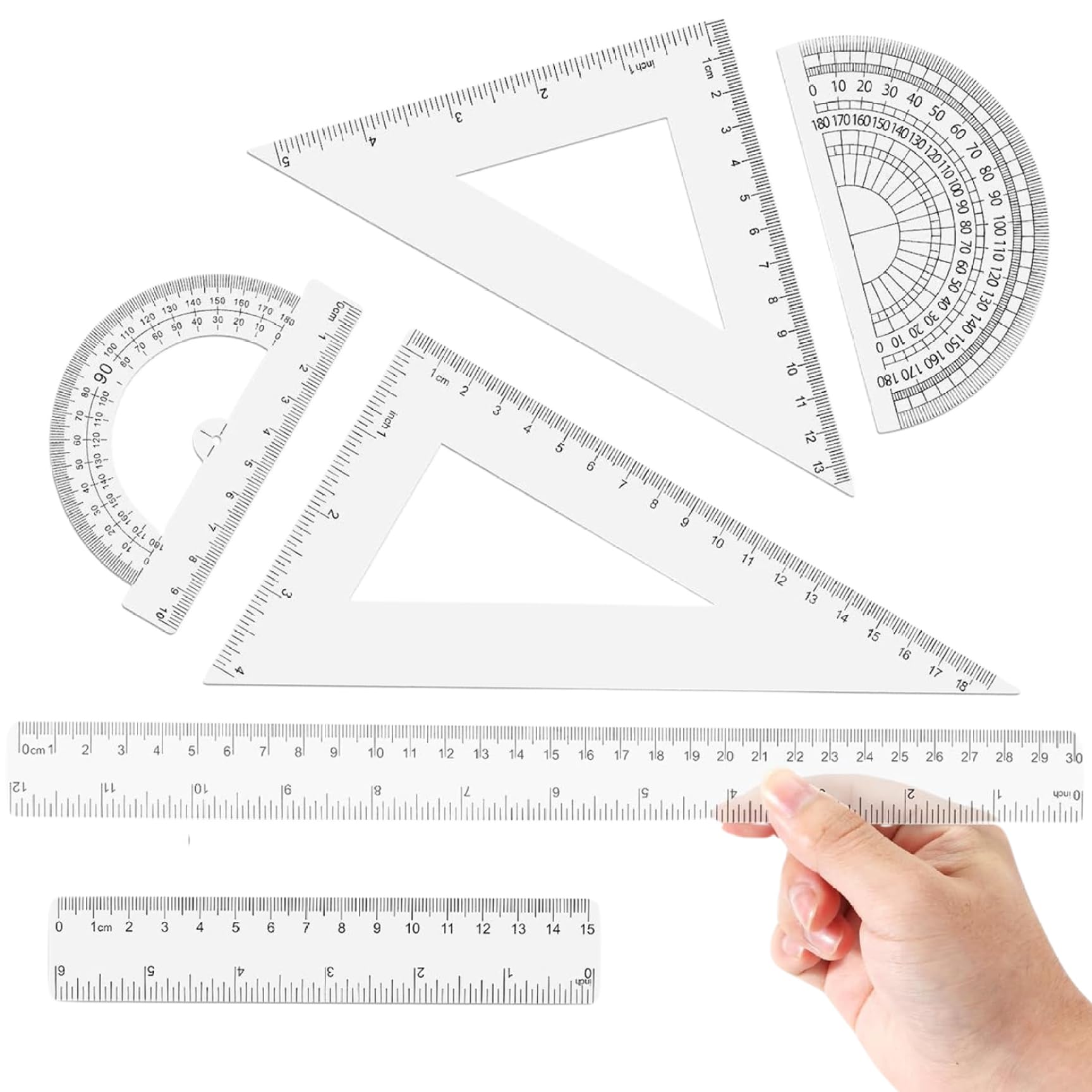 Cakeeyum 6Pcs Ruler Set, Inches & Metric Clear Ruler Set With Straight Protractor Triangle, Practical Multifunctional Plastic Rulers For School Classroom Math Tools, Clear